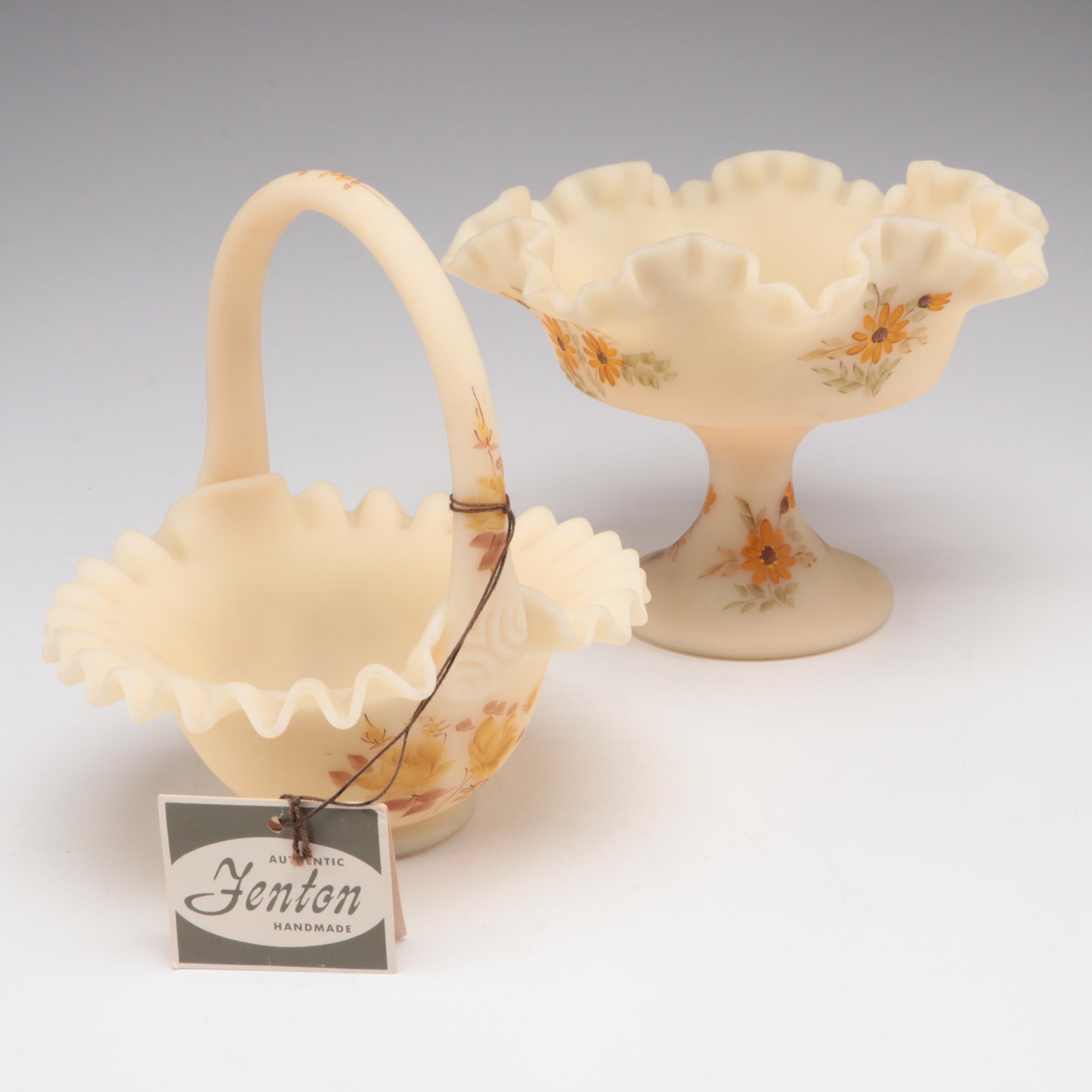 Fenton Hand-Painted Custard Glass Bowl and Compote