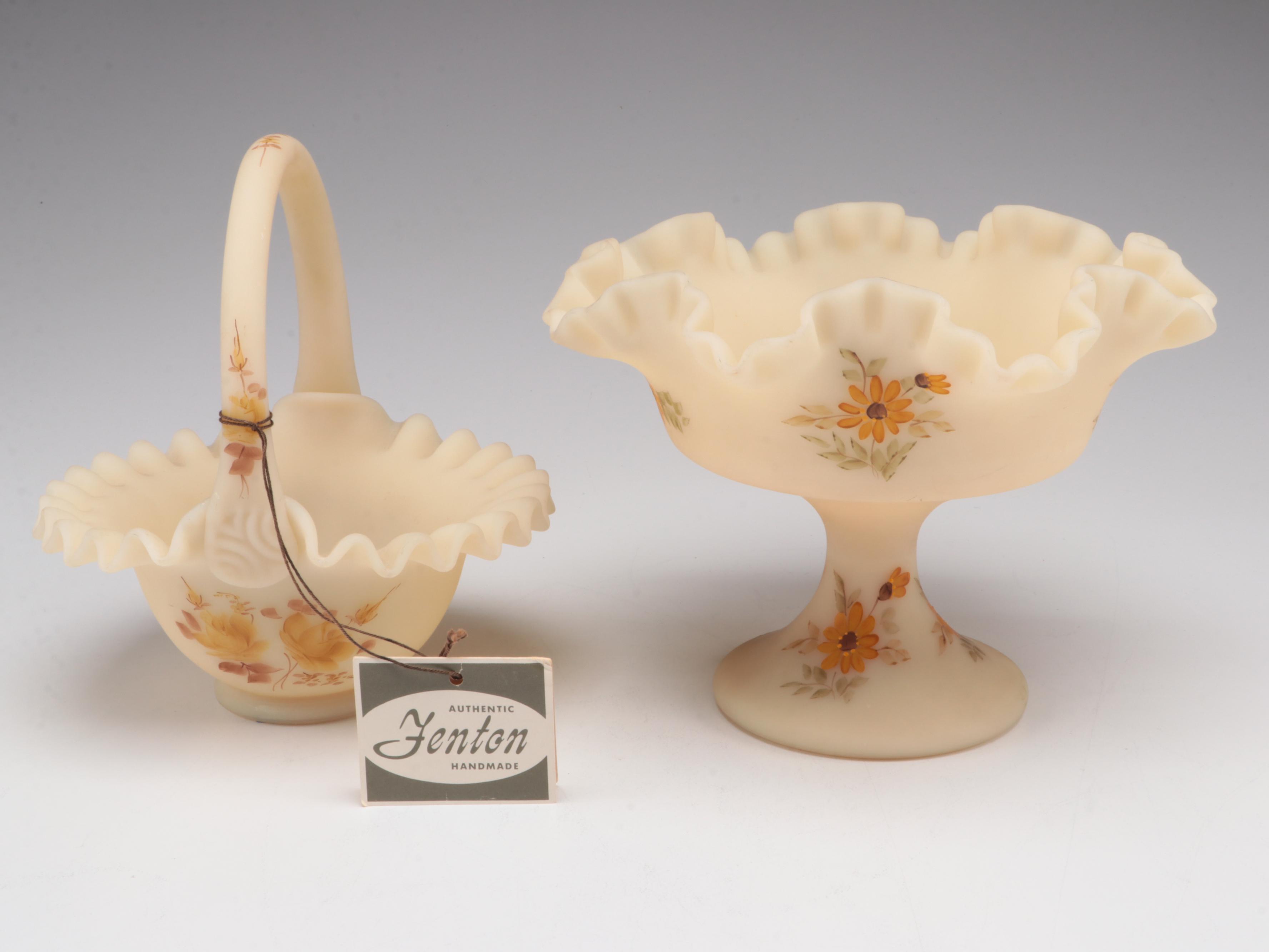 Fenton Hand-Painted Custard Glass Bowl and Compote