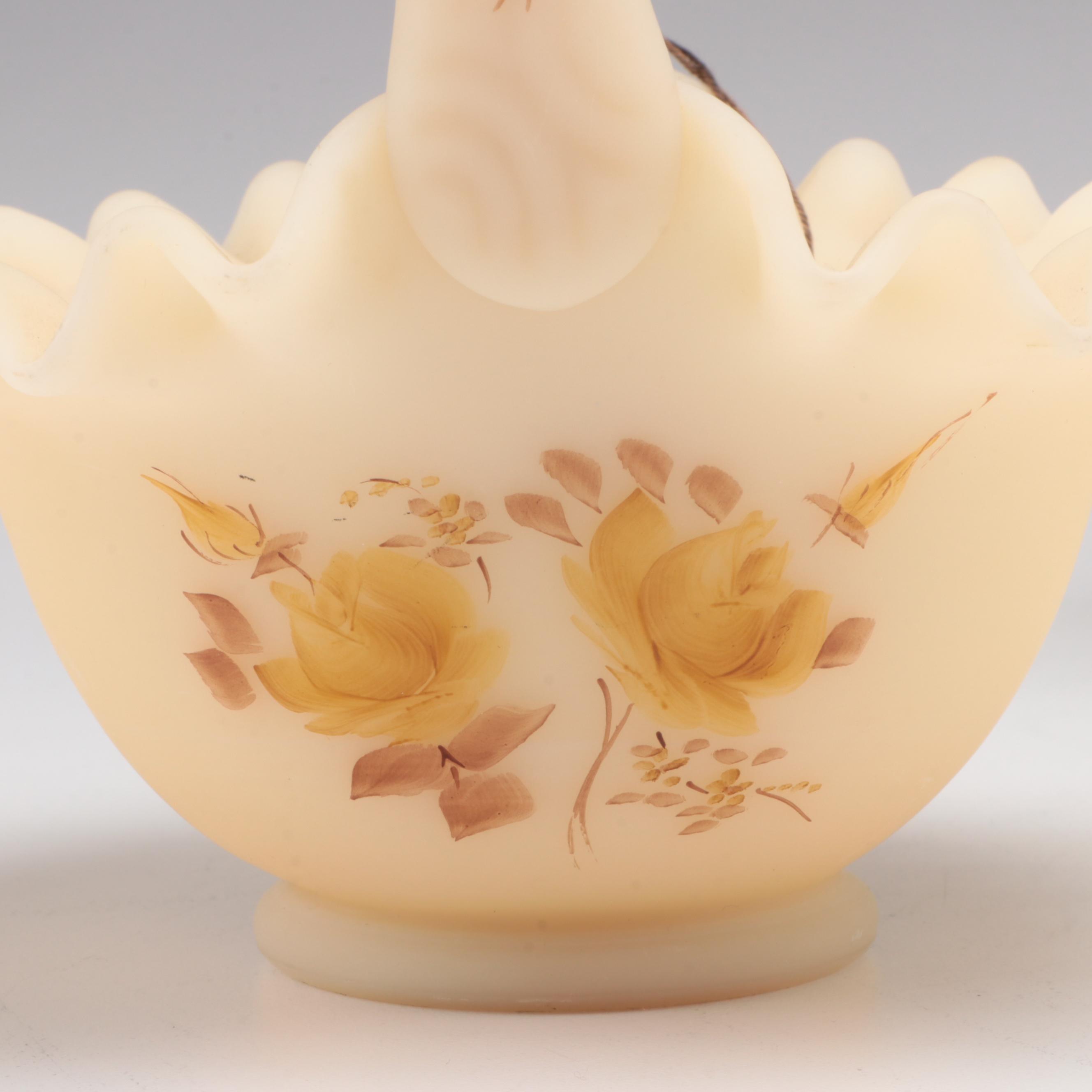 Fenton Hand-Painted Custard Glass Bowl and Compote