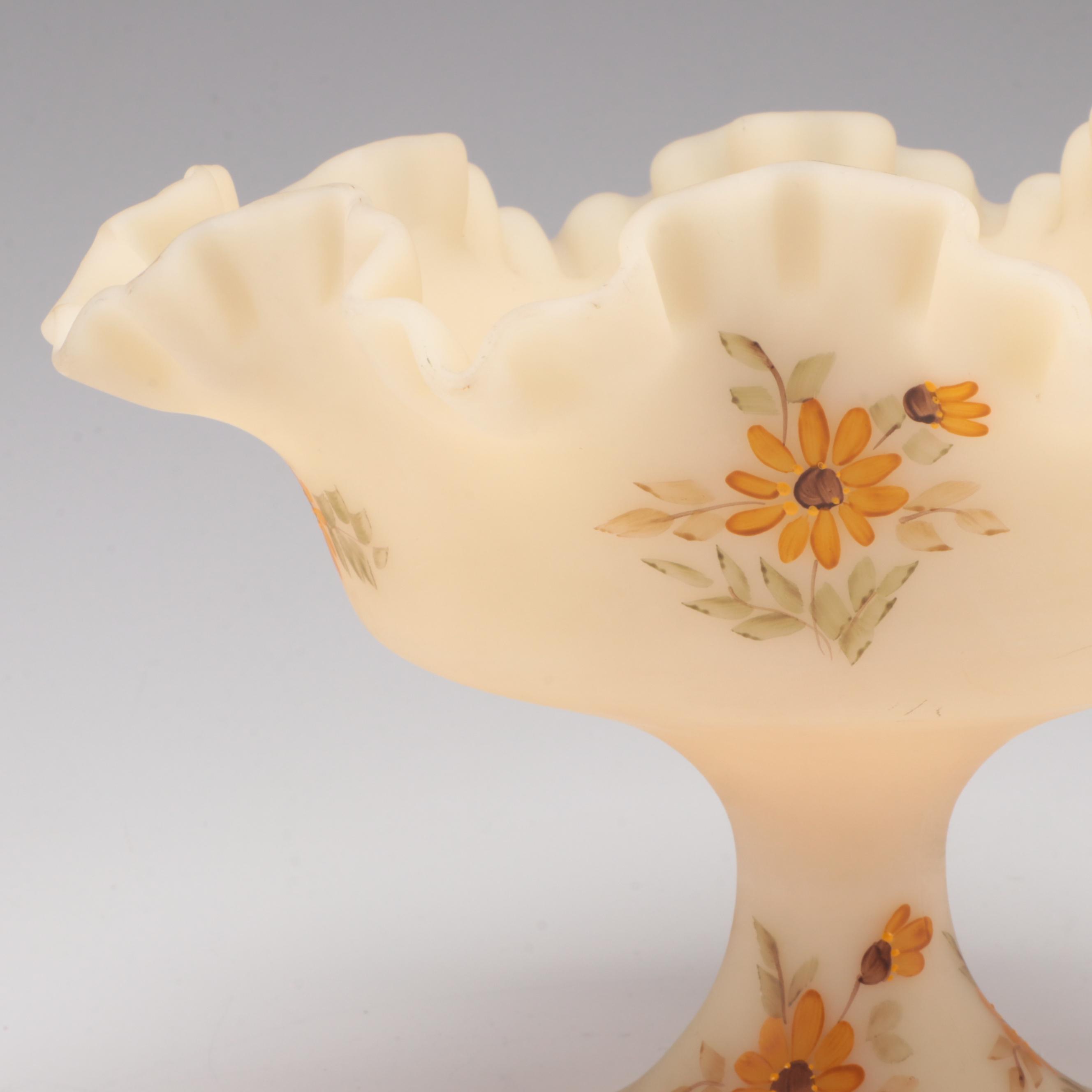 Fenton Hand-Painted Custard Glass Bowl and Compote