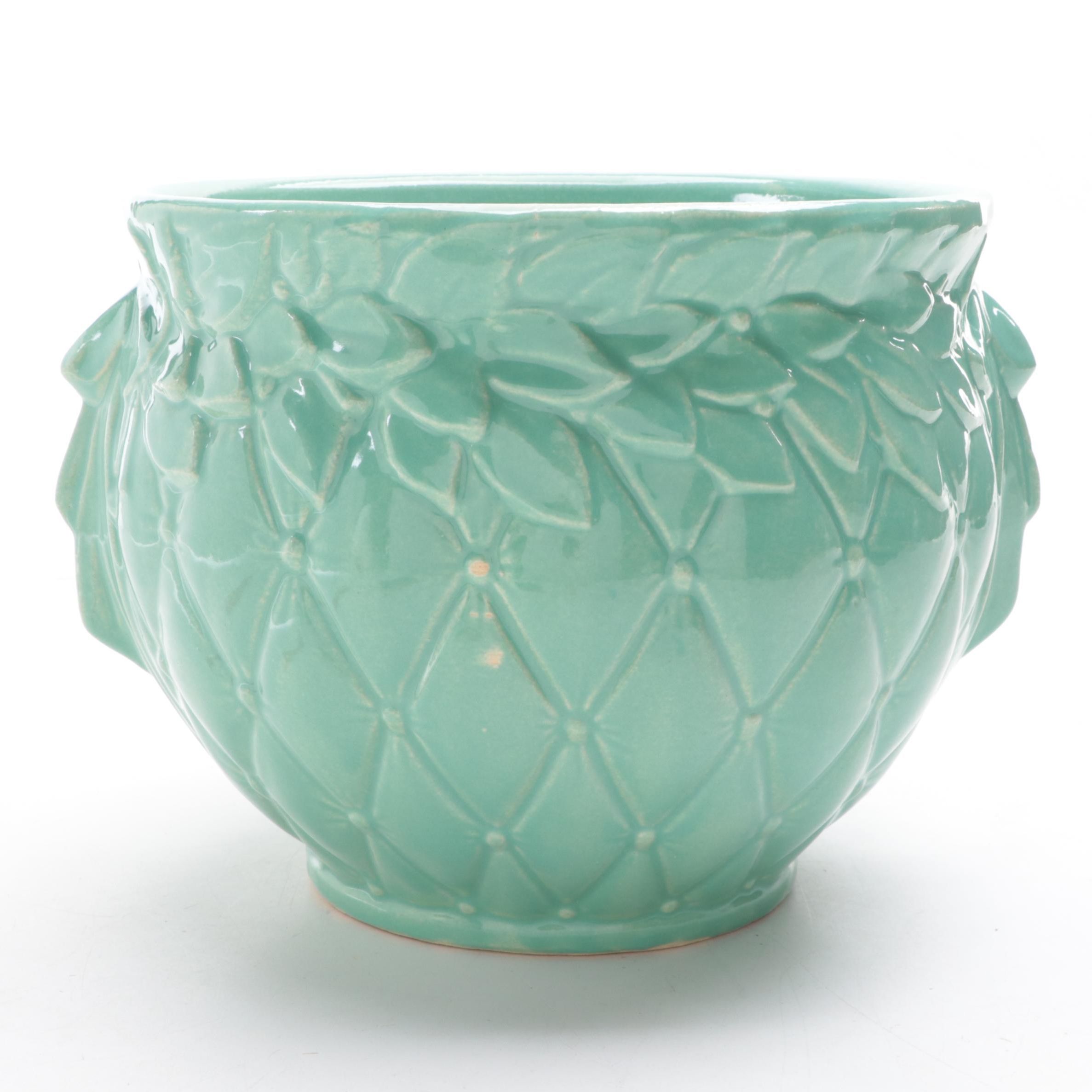 McCoy Pottery Green Glazed Leaf and Berries Quilted Planter, Mid-20th Century