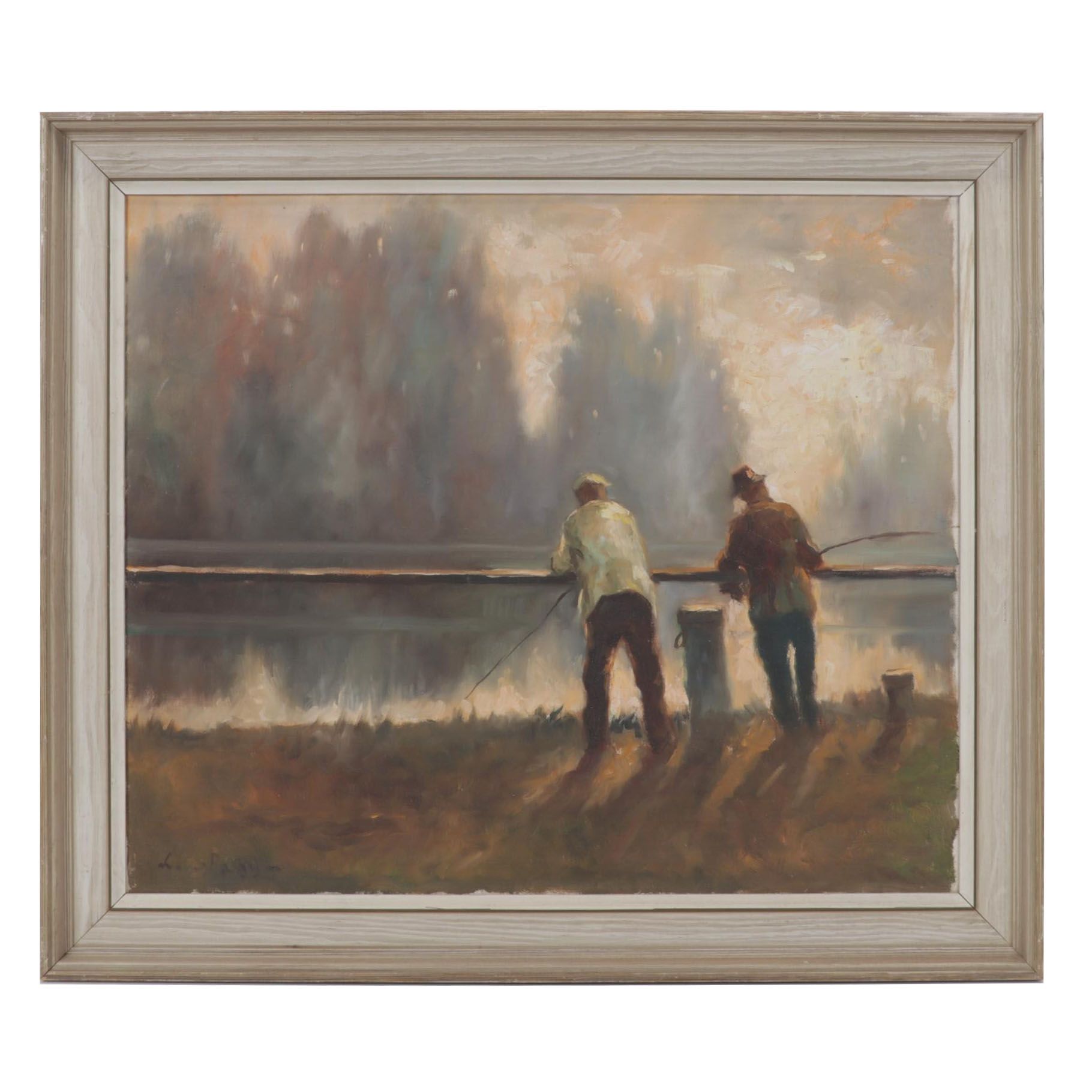 L. Sayre Oil Painting of Fishermen on Shore, Circa 1980