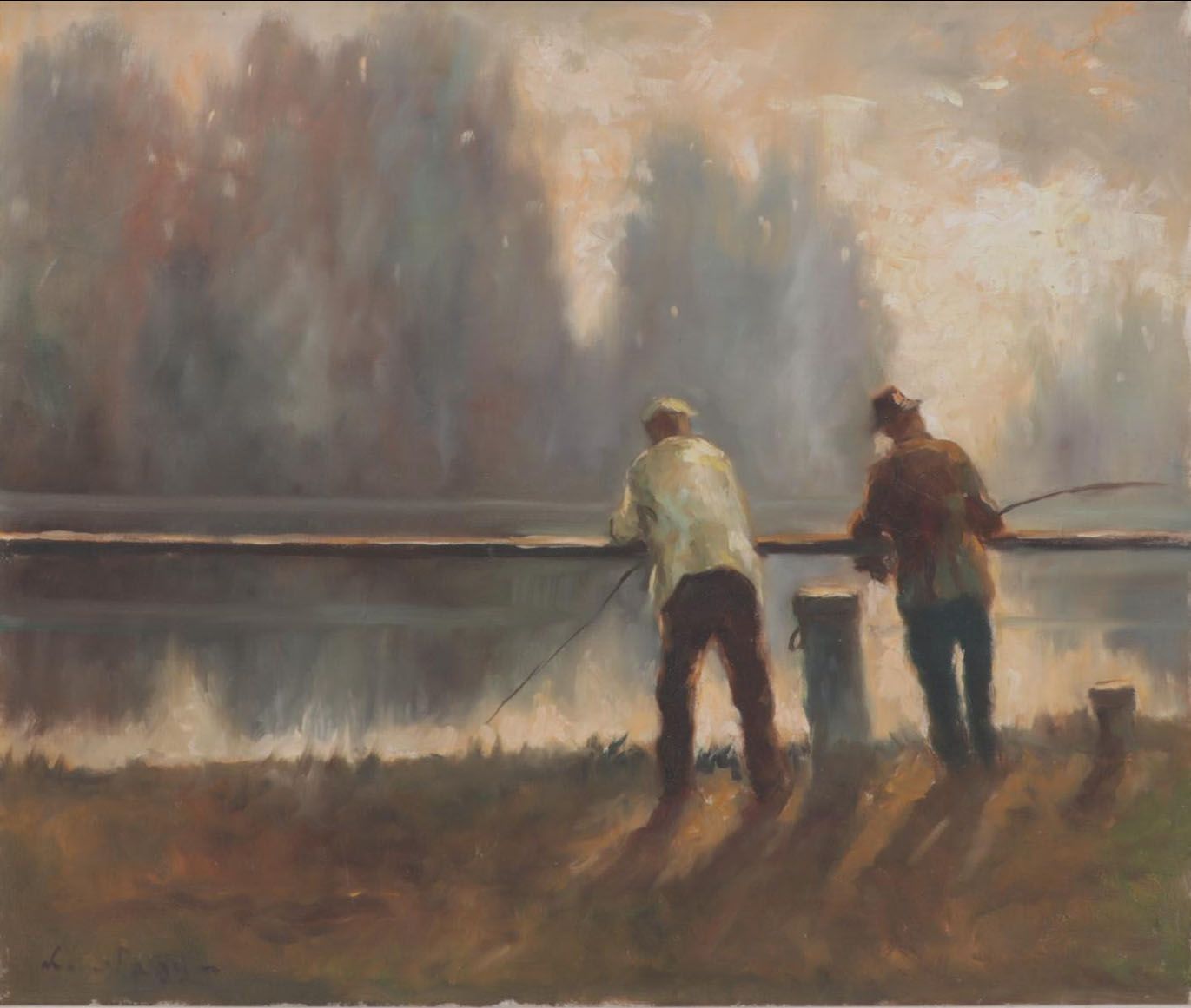L. Sayre Oil Painting of Fishermen on Shore, Circa 1980