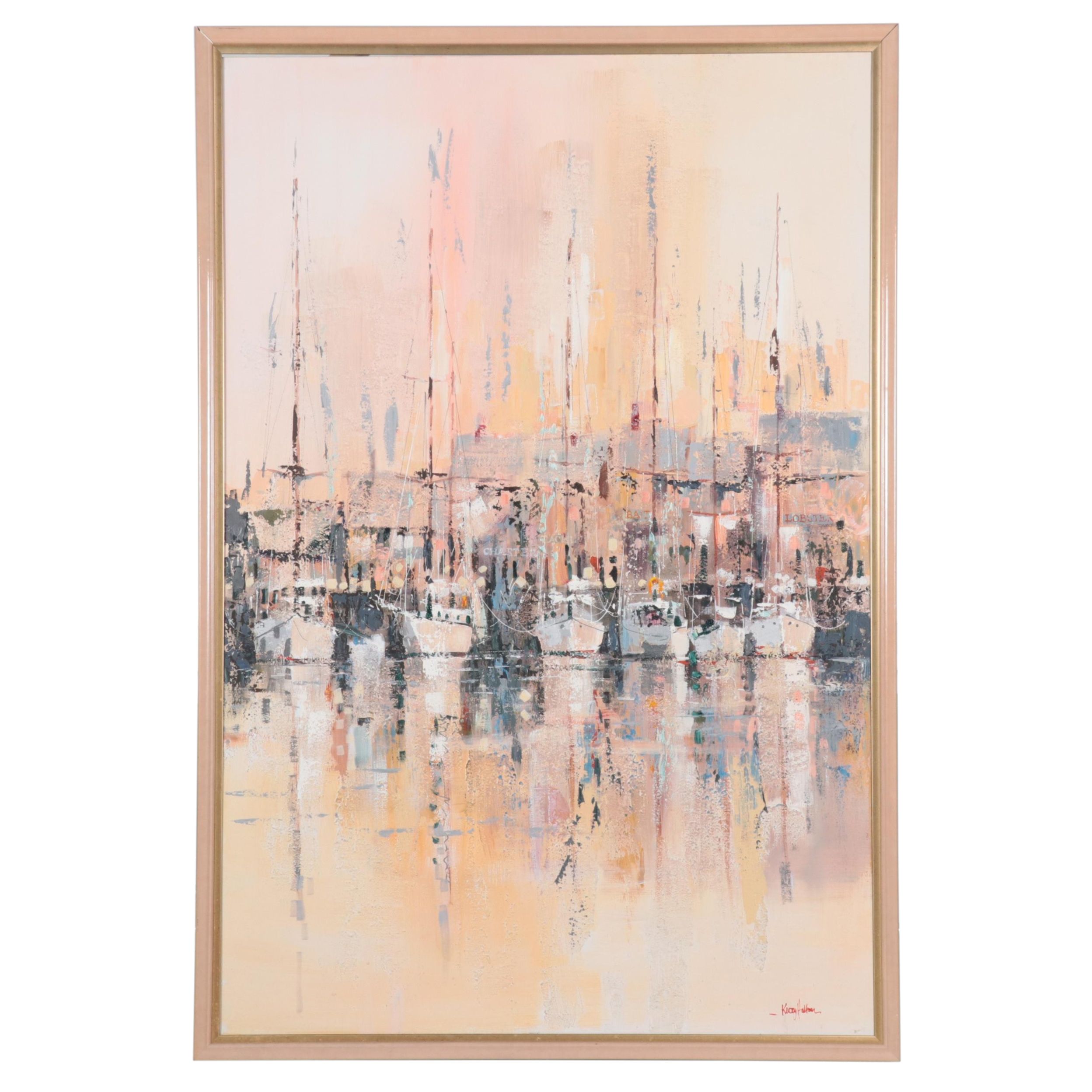 Kerry Hallam Oil Painting of Harbor Scene, Circa 1989 EBTH