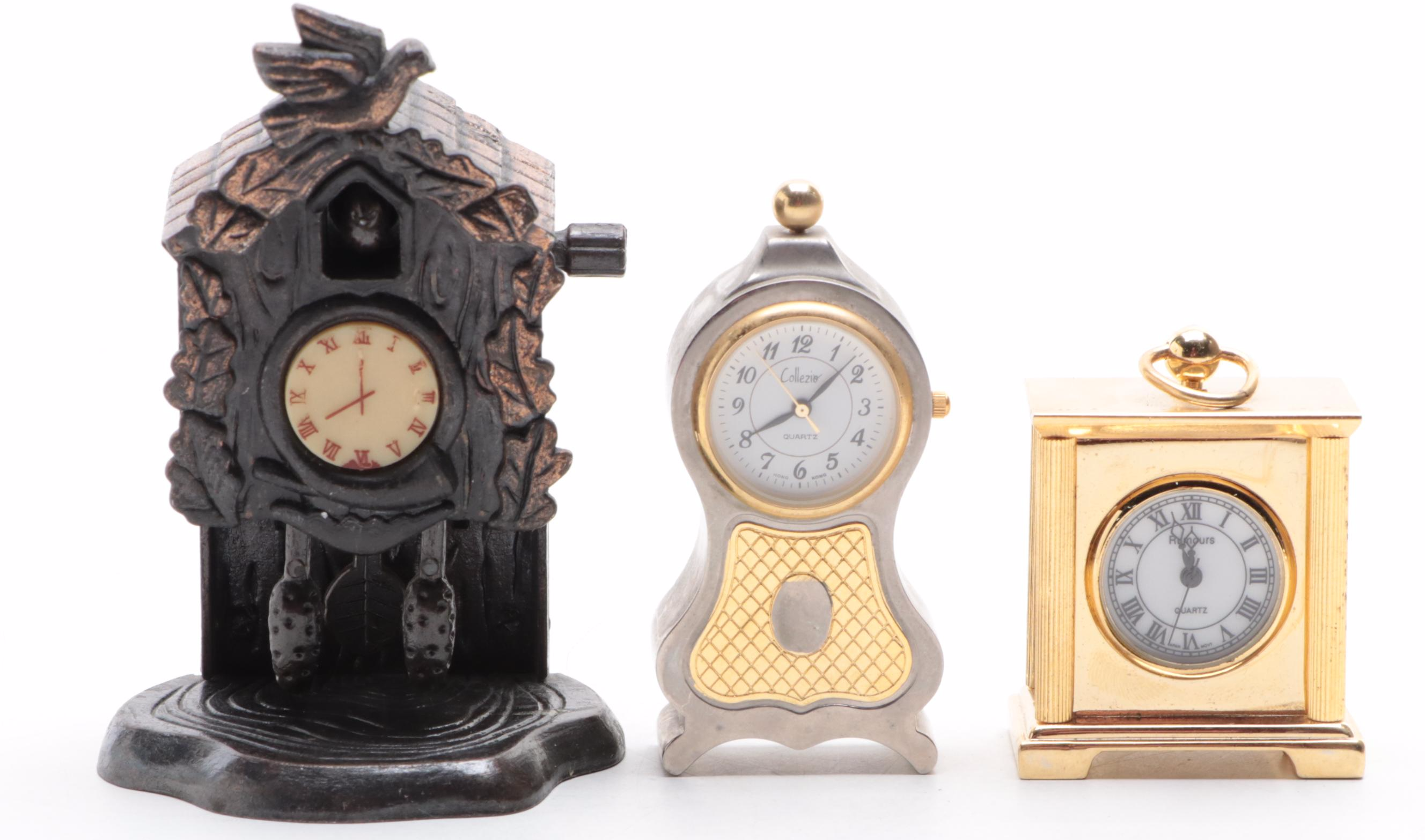 Miniature Brass Quartz Clocks and Cuckoo Clock Figurine