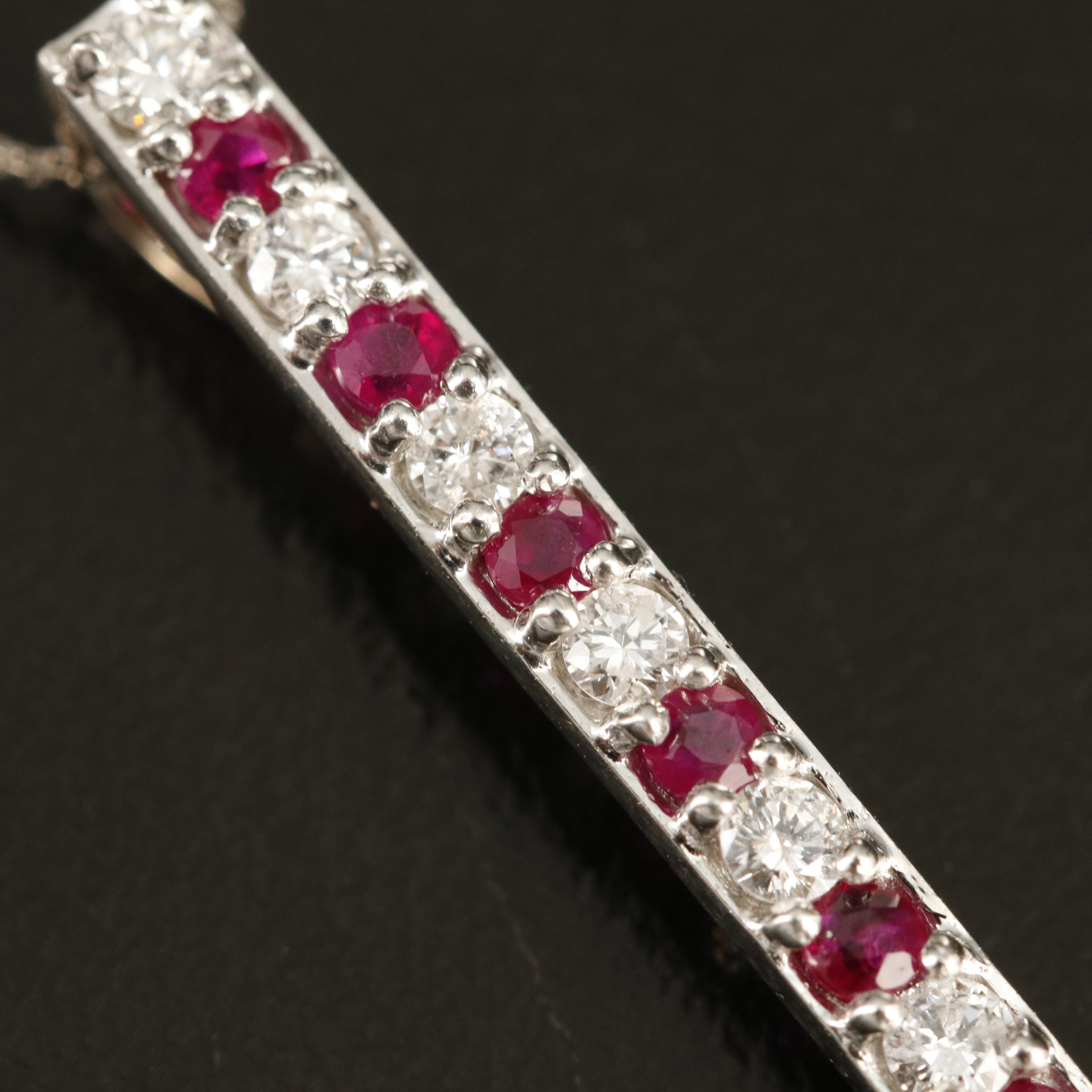14K Ruby and Diamond Bar Pendant on Italian 14K Box Chain