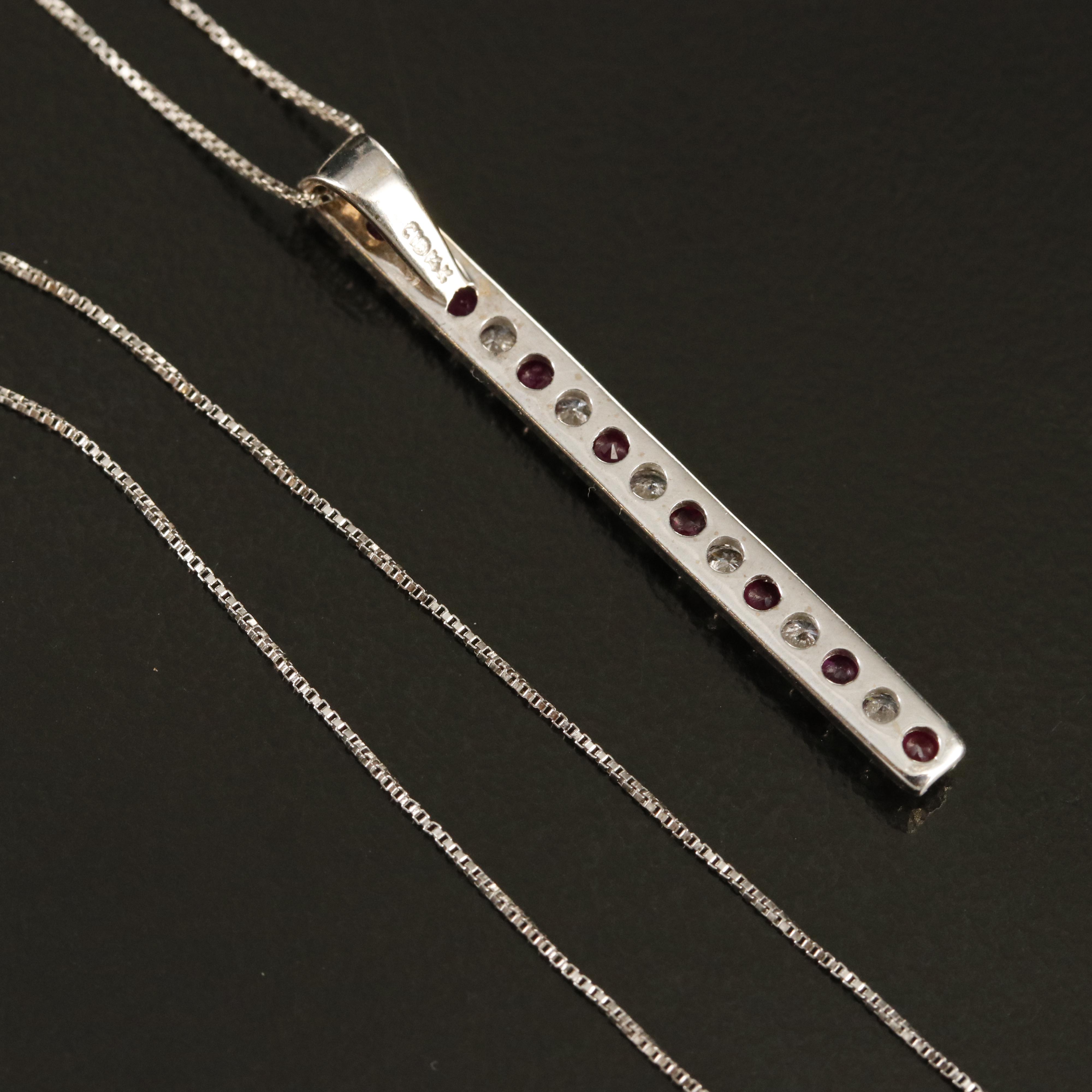 14K Ruby and Diamond Bar Pendant on Italian 14K Box Chain
