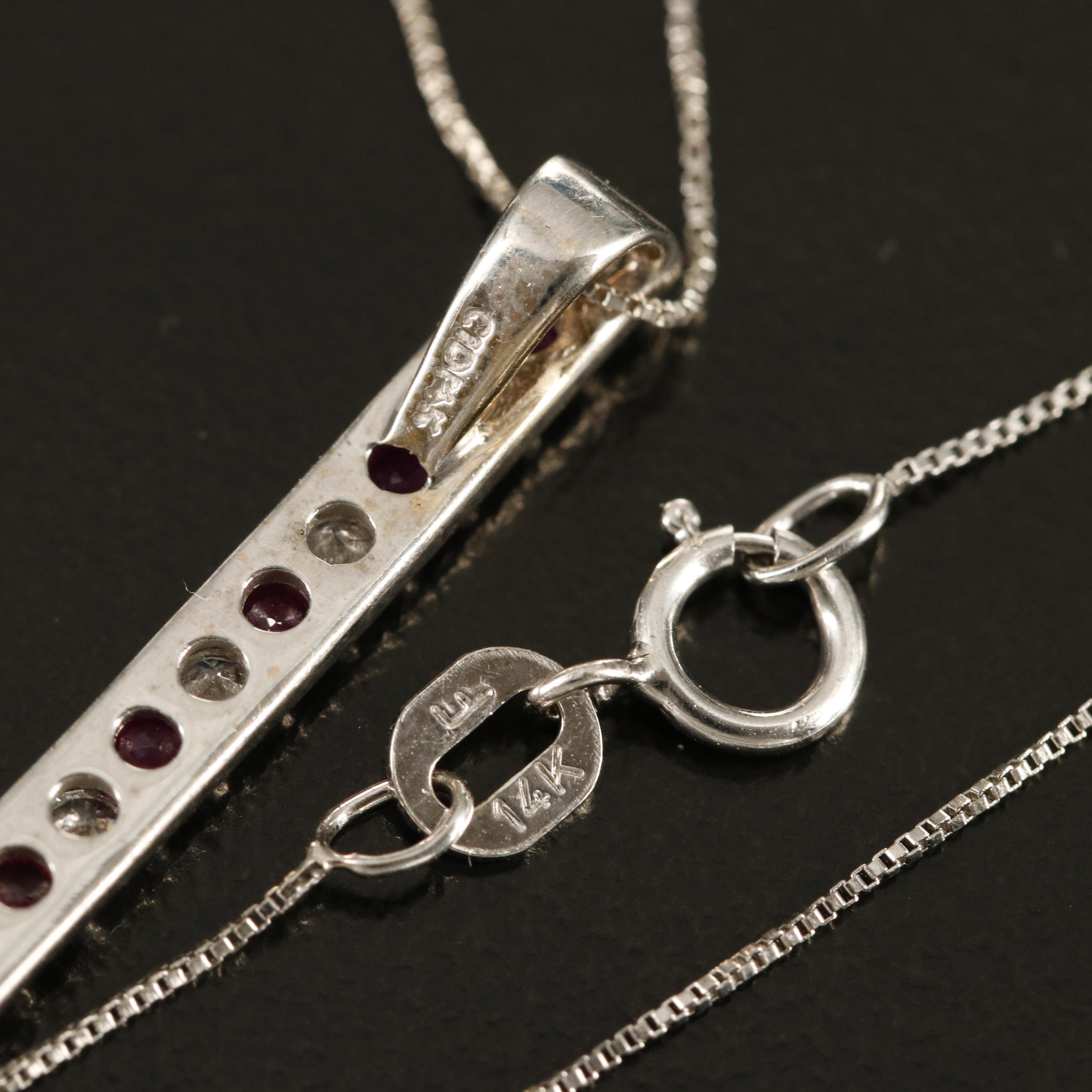 14K Ruby and Diamond Bar Pendant on Italian 14K Box Chain