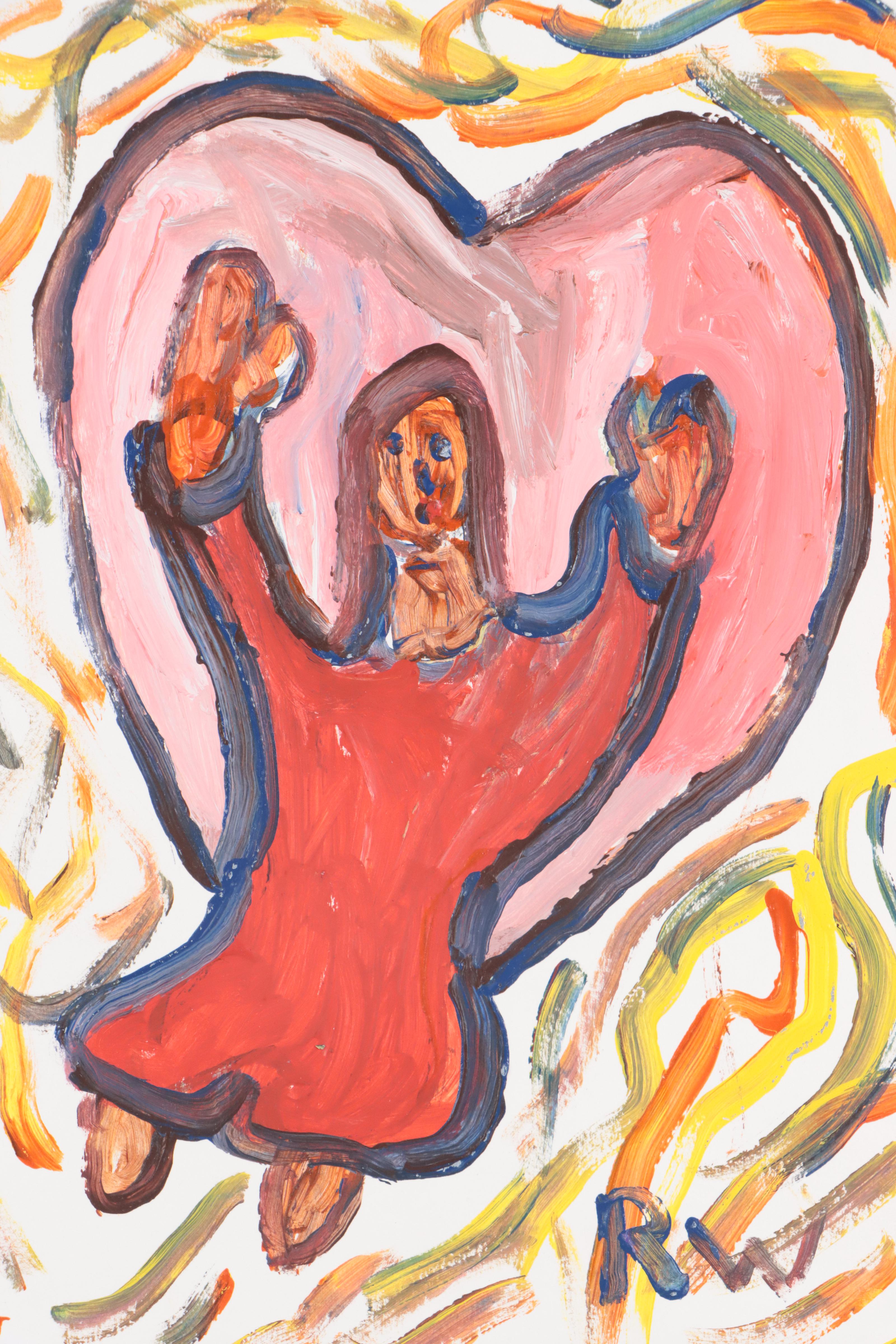 Robert Wright Folk Art Acrylic Painting of Angel and Heart, Late 20th Century