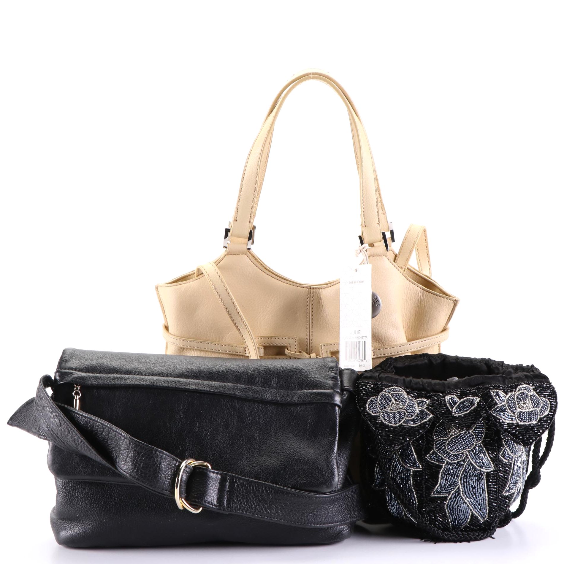 The Sak and J.G. Hook Leather Bags with Beaded Drawstring Bag and Bifold Wallet