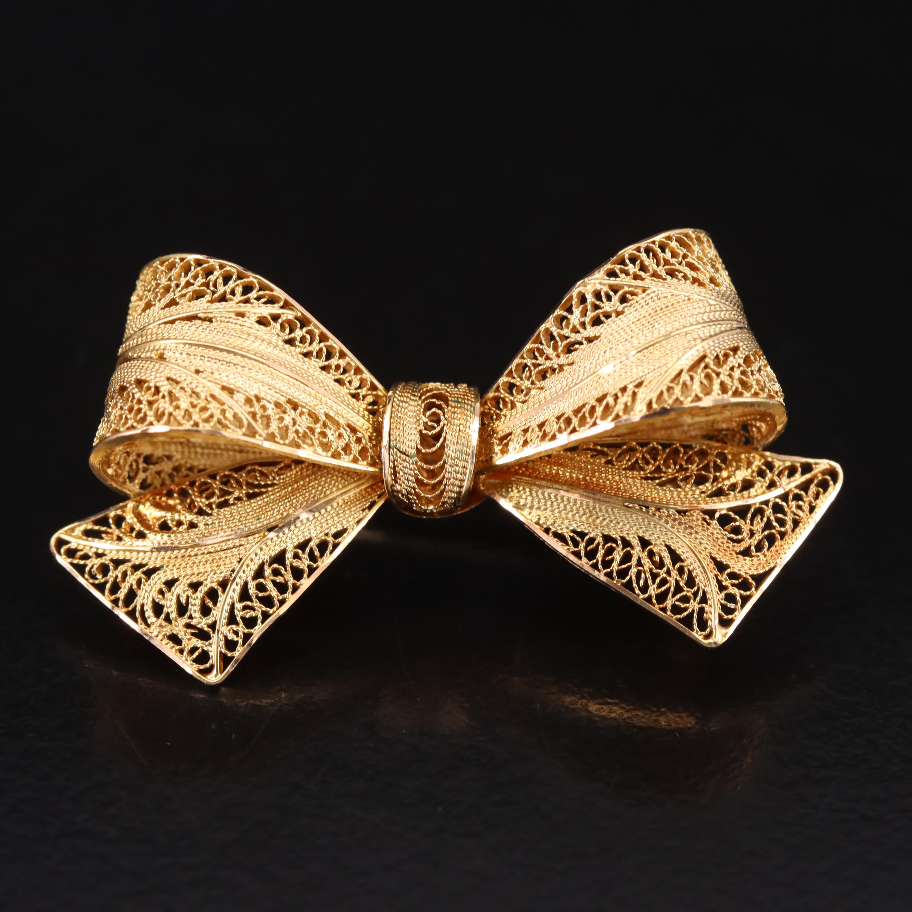 Vintage 14K Filigree Bow Brooch