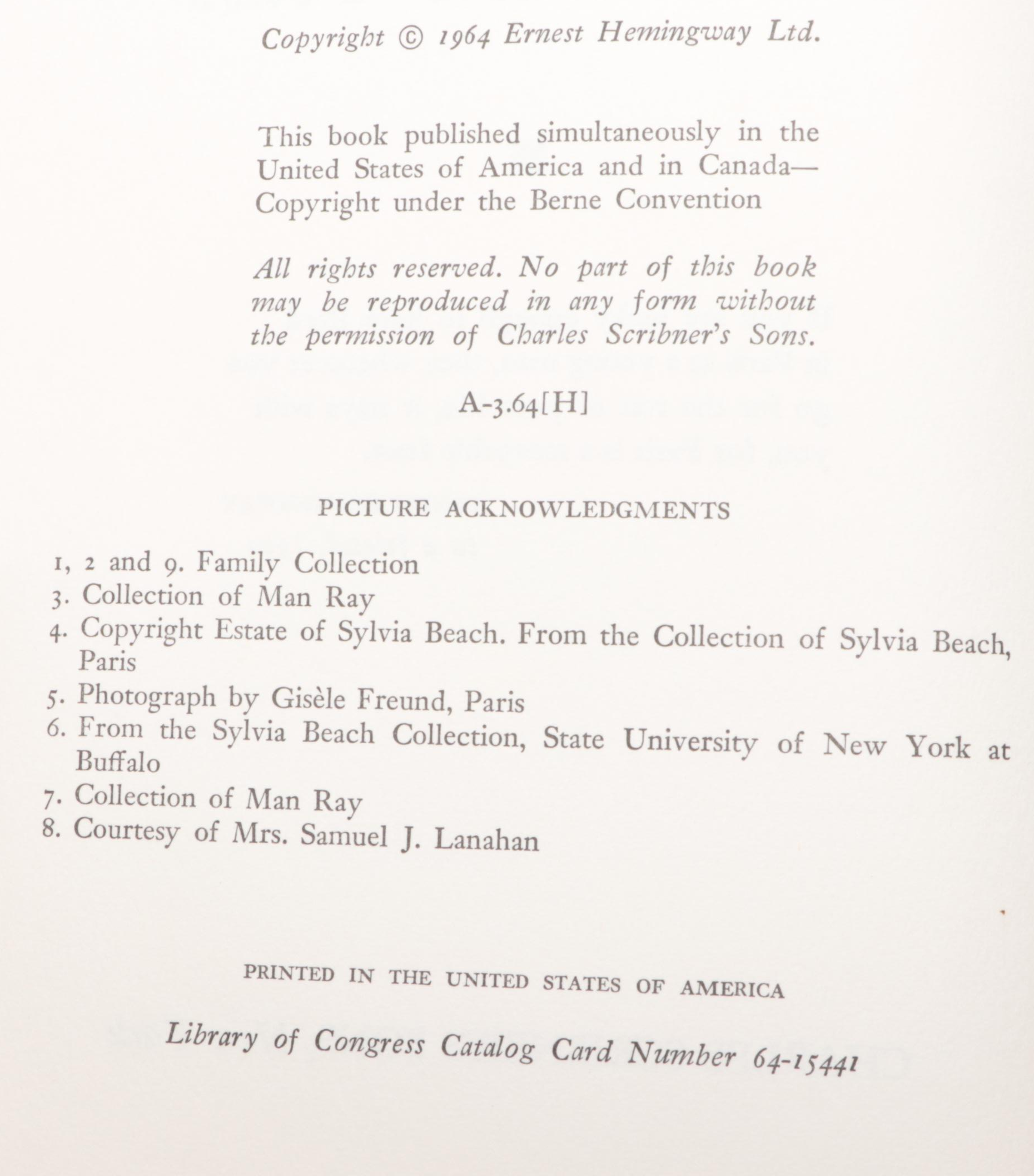 First Edition "A Moveable Feast" by Ernest Hemingway, 1964