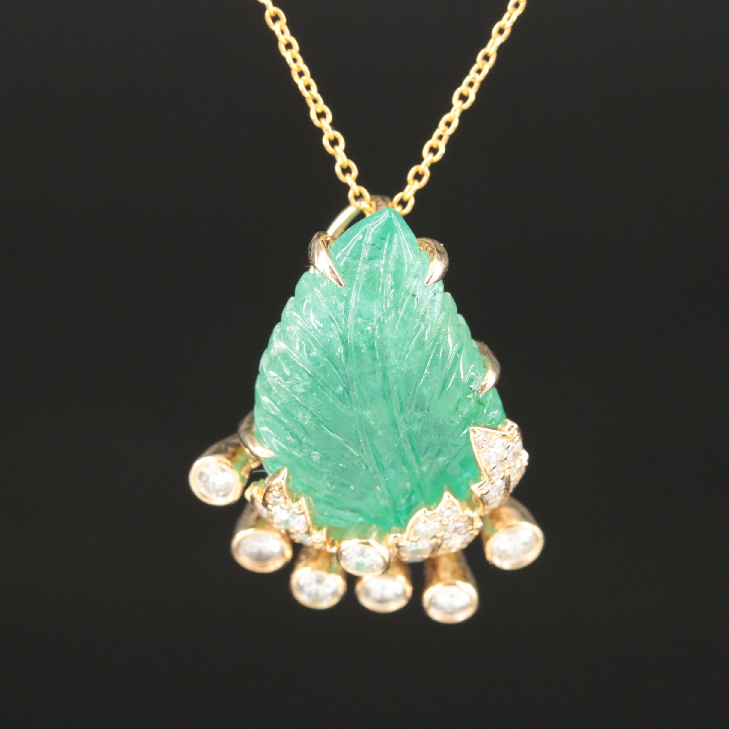 14K Carved Emerald and Diamond Leaf Pendant Necklace