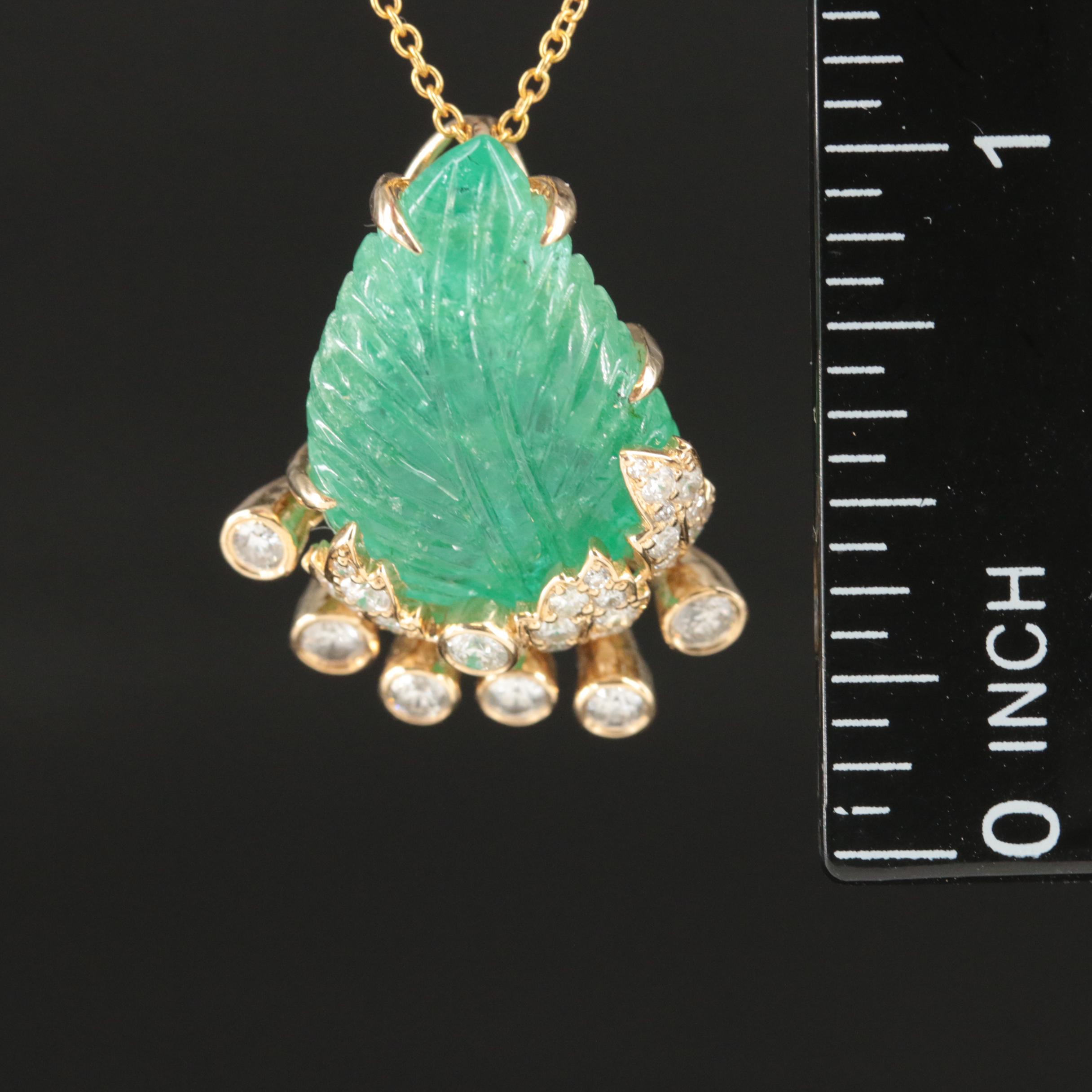 14K Carved Emerald and Diamond Leaf Pendant Necklace