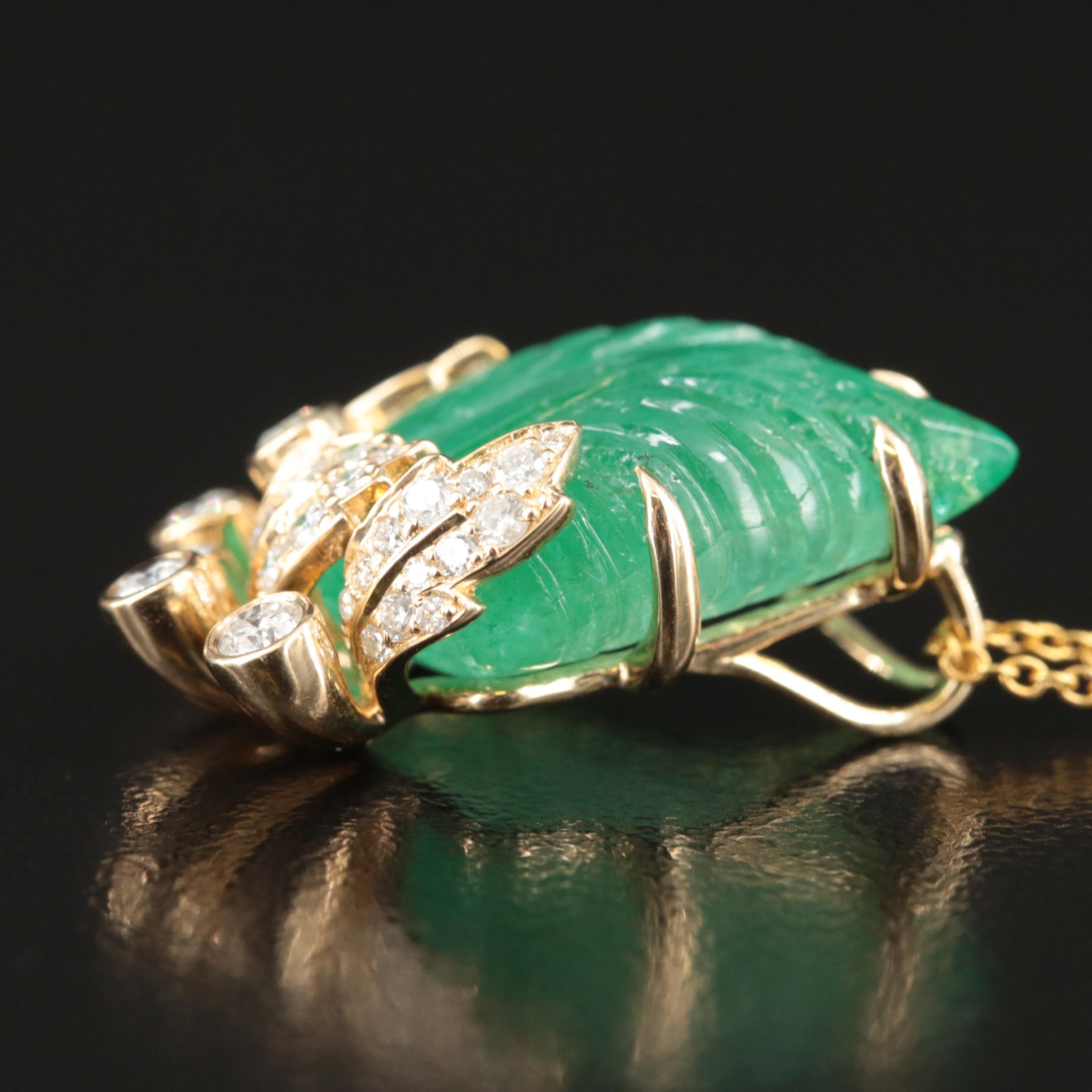 14K Carved Emerald and Diamond Leaf Pendant Necklace