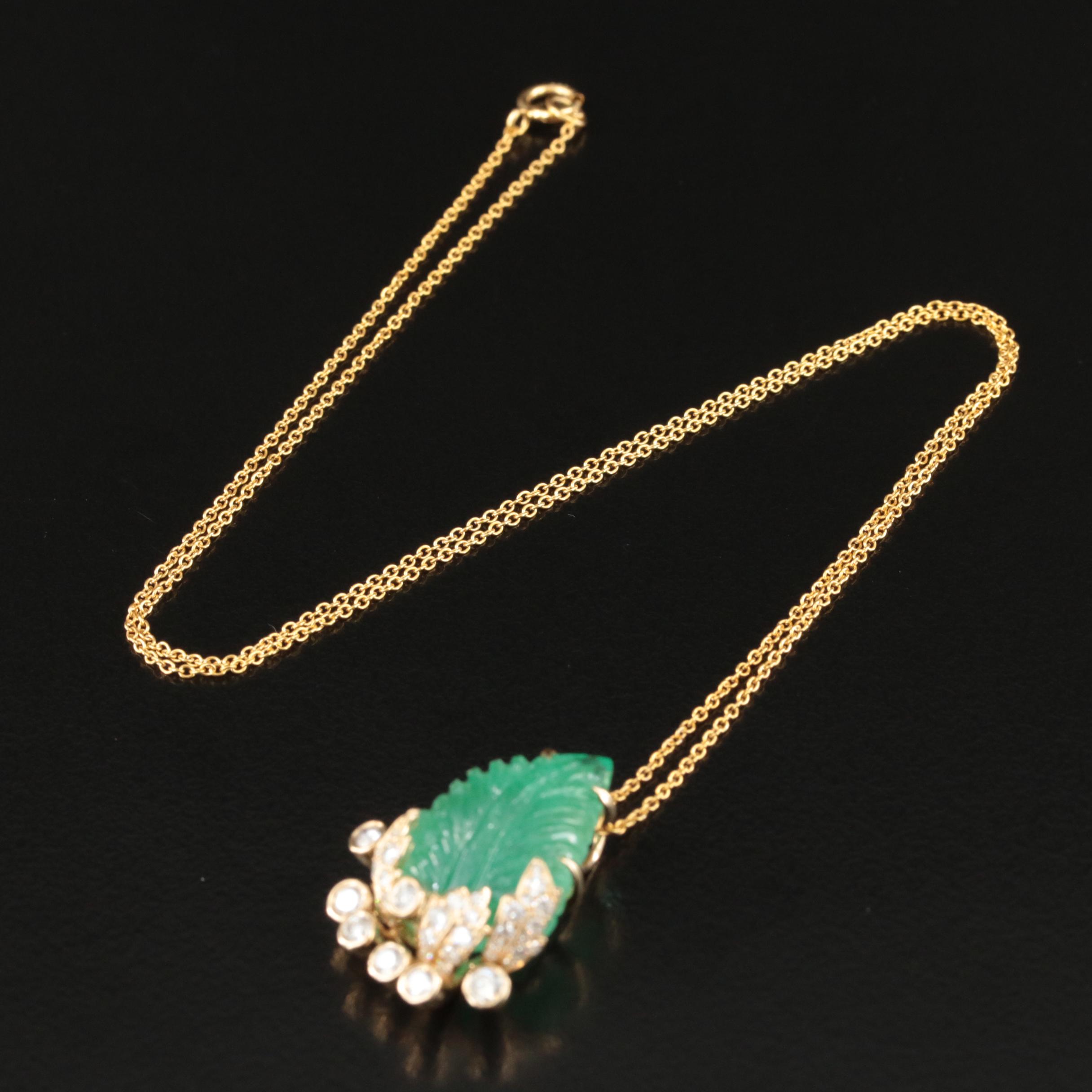 14K Carved Emerald and Diamond Leaf Pendant Necklace