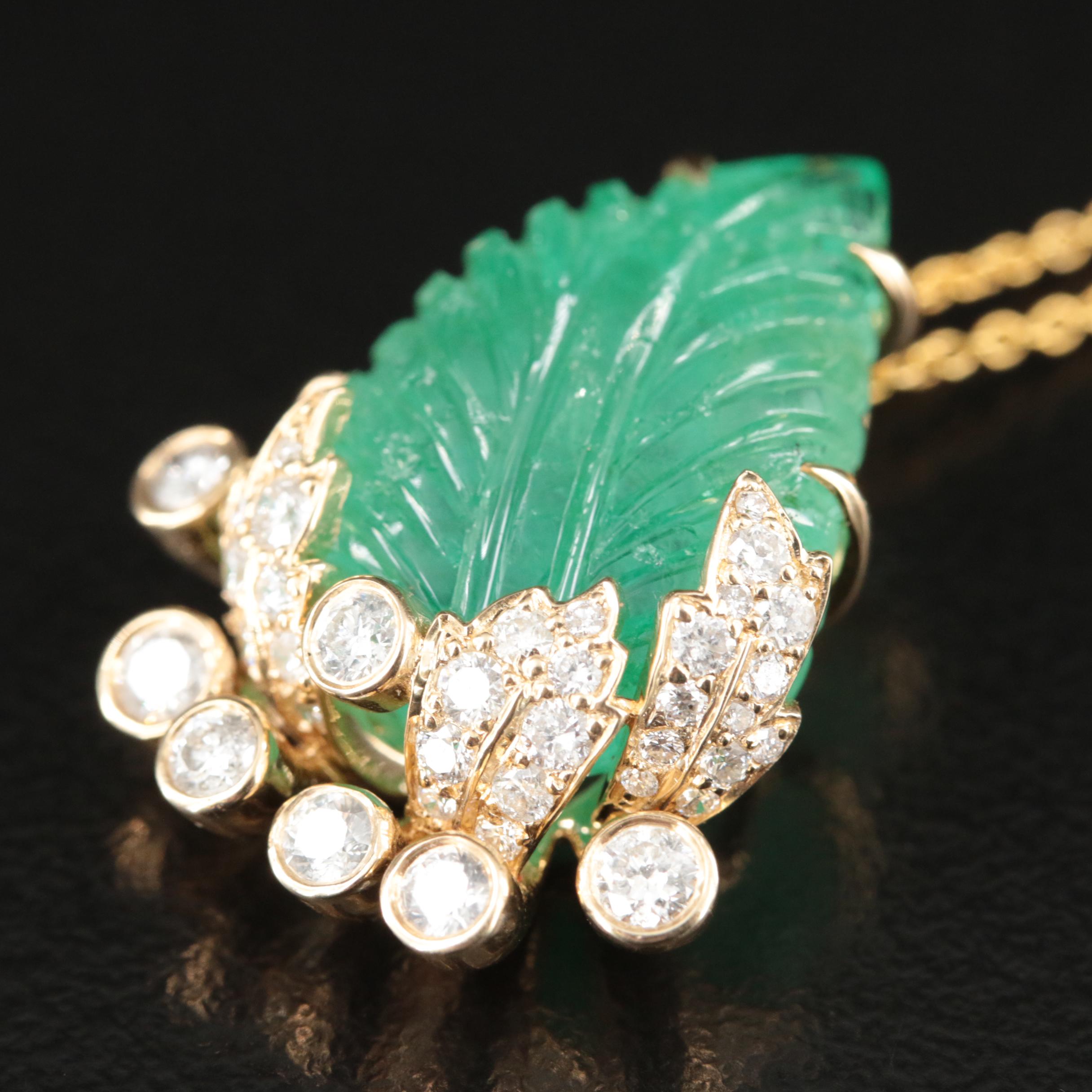 14K Carved Emerald and Diamond Leaf Pendant Necklace