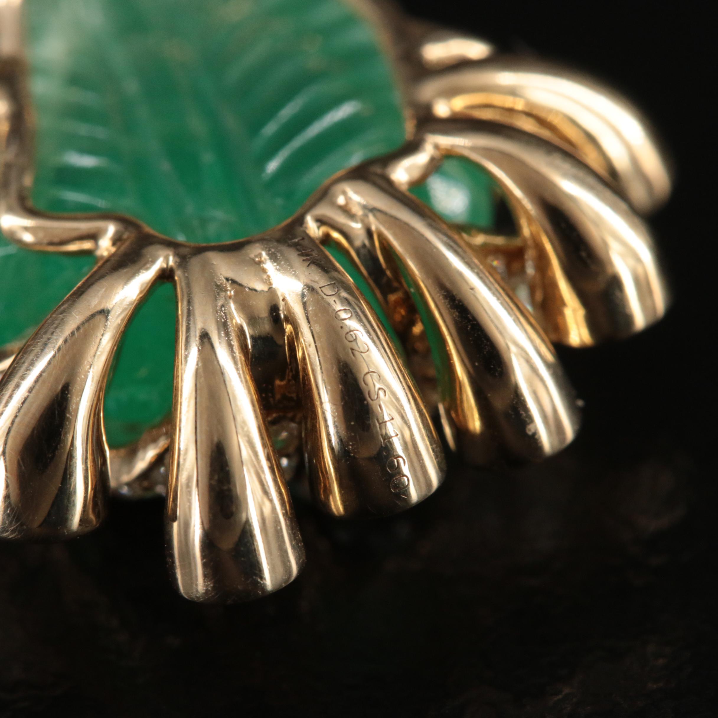 14K Carved Emerald and Diamond Leaf Pendant Necklace