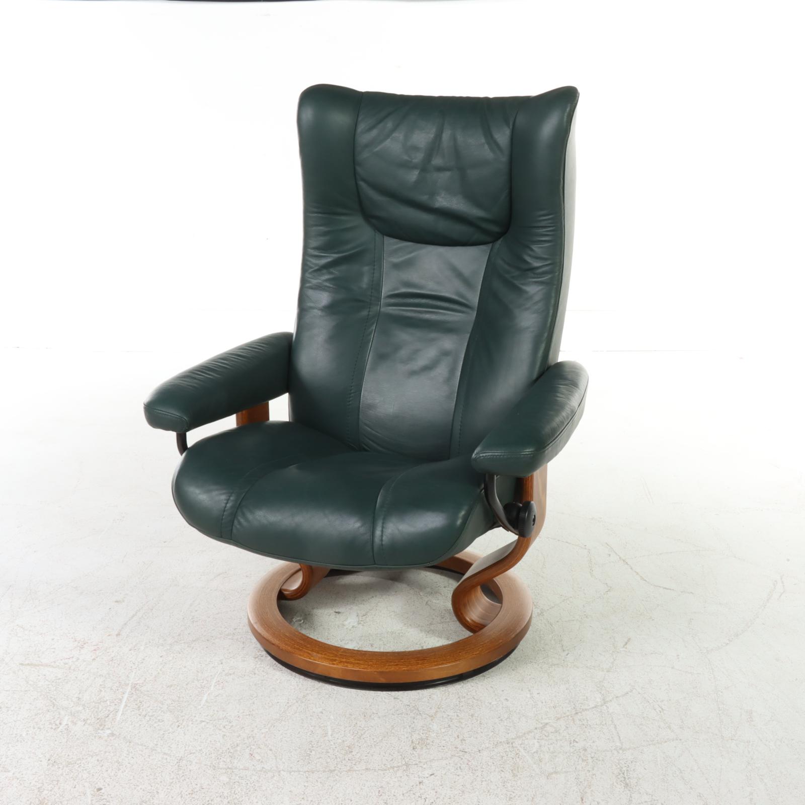 Ekornes "Stressless" Green Leather Upholstered Armchair and Ottoman