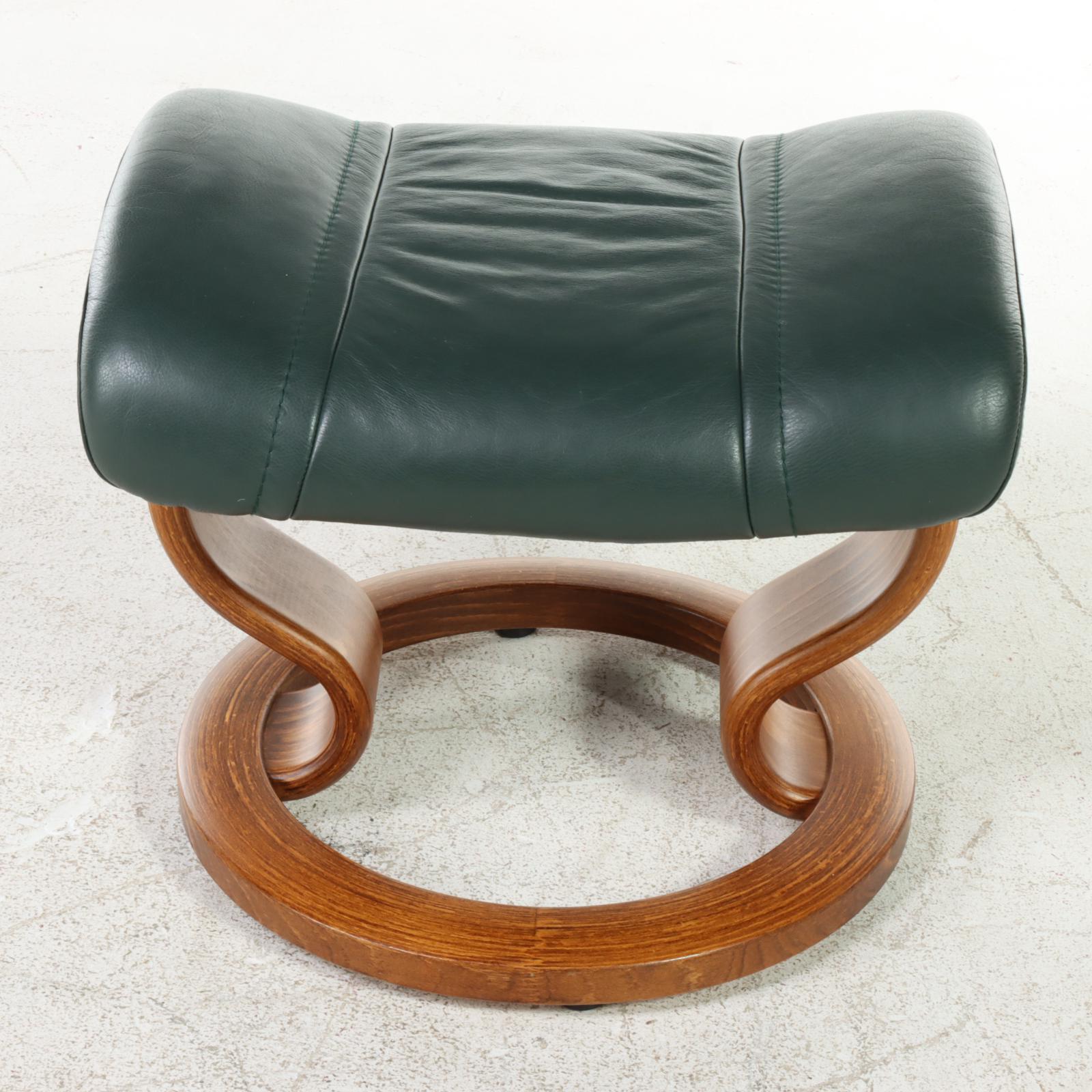 Ekornes "Stressless" Green Leather Upholstered Armchair and Ottoman