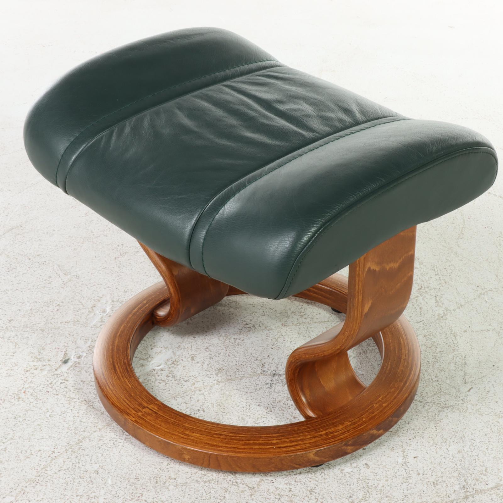 Ekornes "Stressless" Green Leather Upholstered Armchair and Ottoman