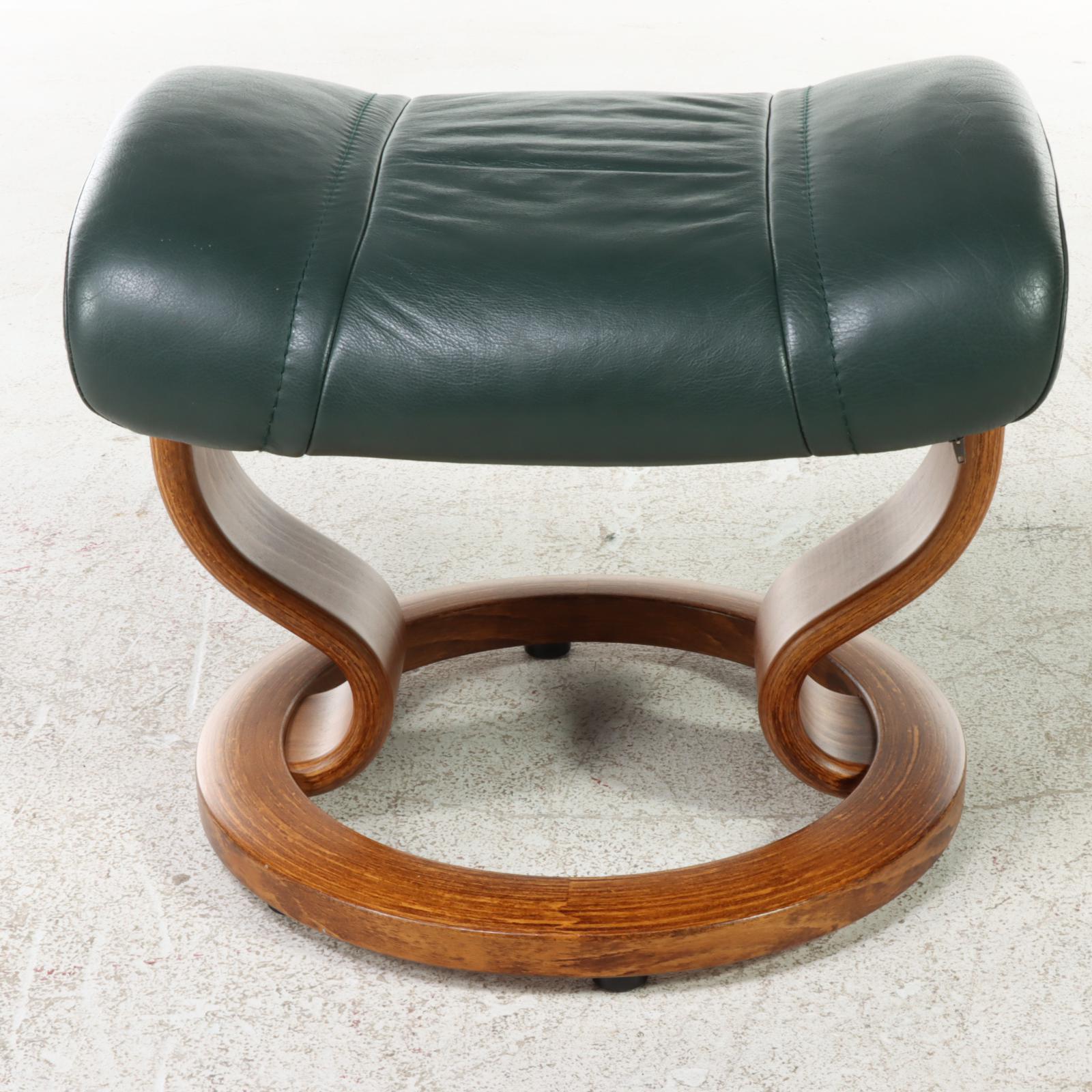 Ekornes "Stressless" Green Leather Upholstered Armchair and Ottoman