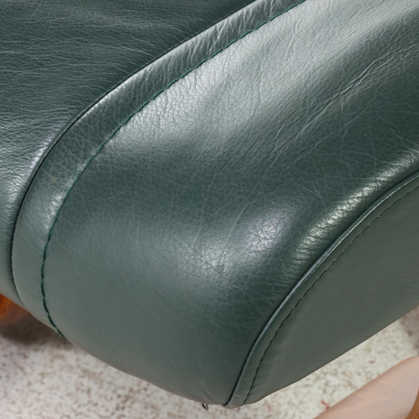 Ekornes "Stressless" Green Leather Upholstered Armchair and Ottoman