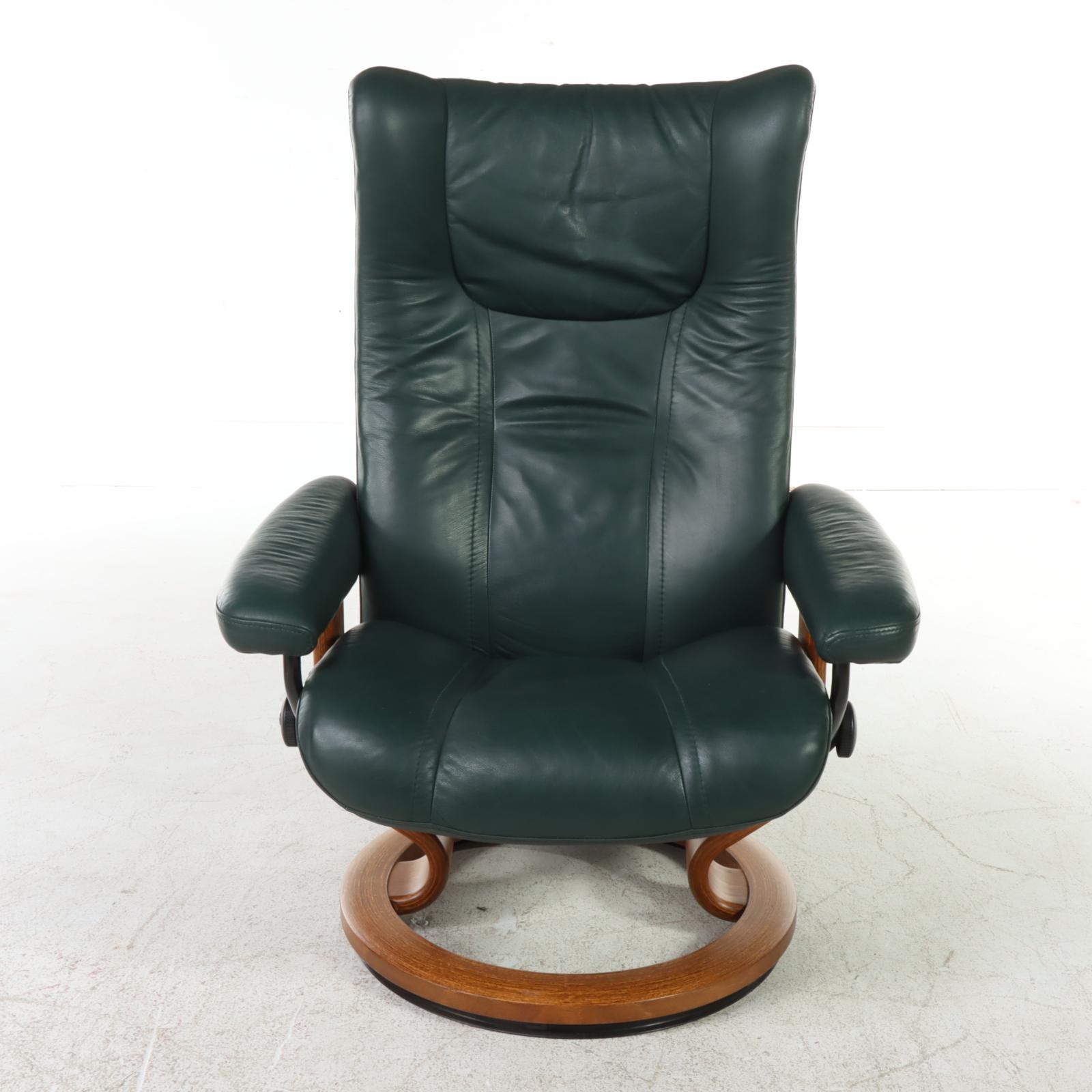 Ekornes "Stressless" Green Leather Upholstered Armchair and Ottoman
