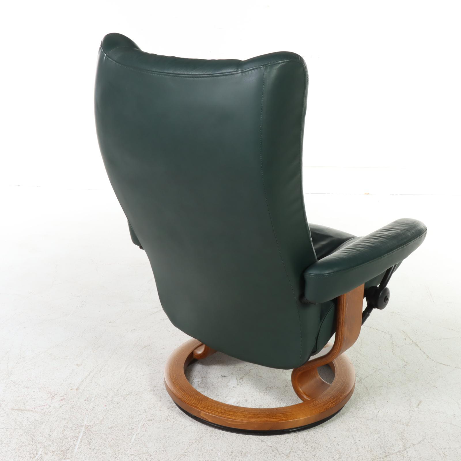 Ekornes "Stressless" Green Leather Upholstered Armchair and Ottoman