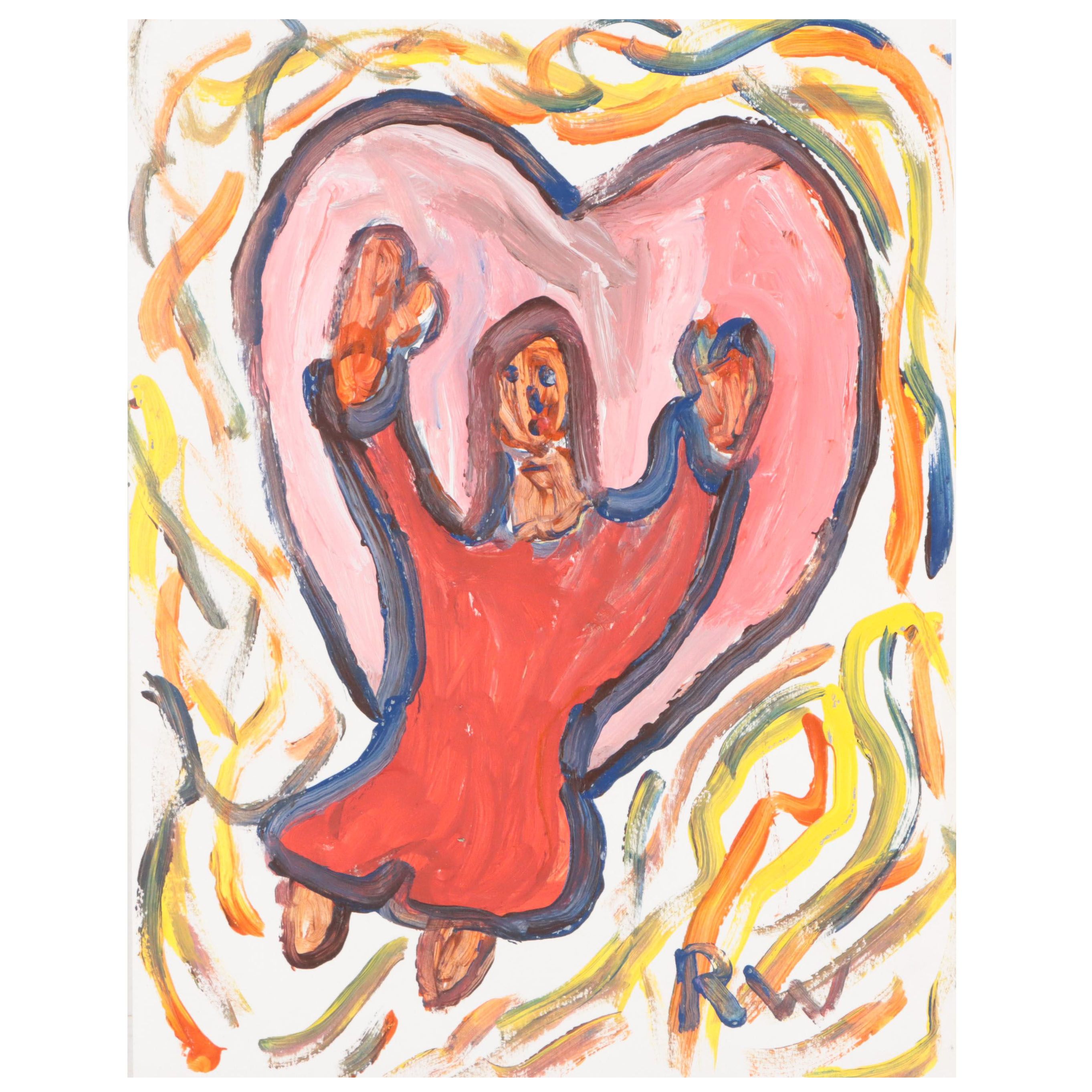 Robert Wright Folk Art Acrylic Painting of Angel and Heart, Late 20th Century