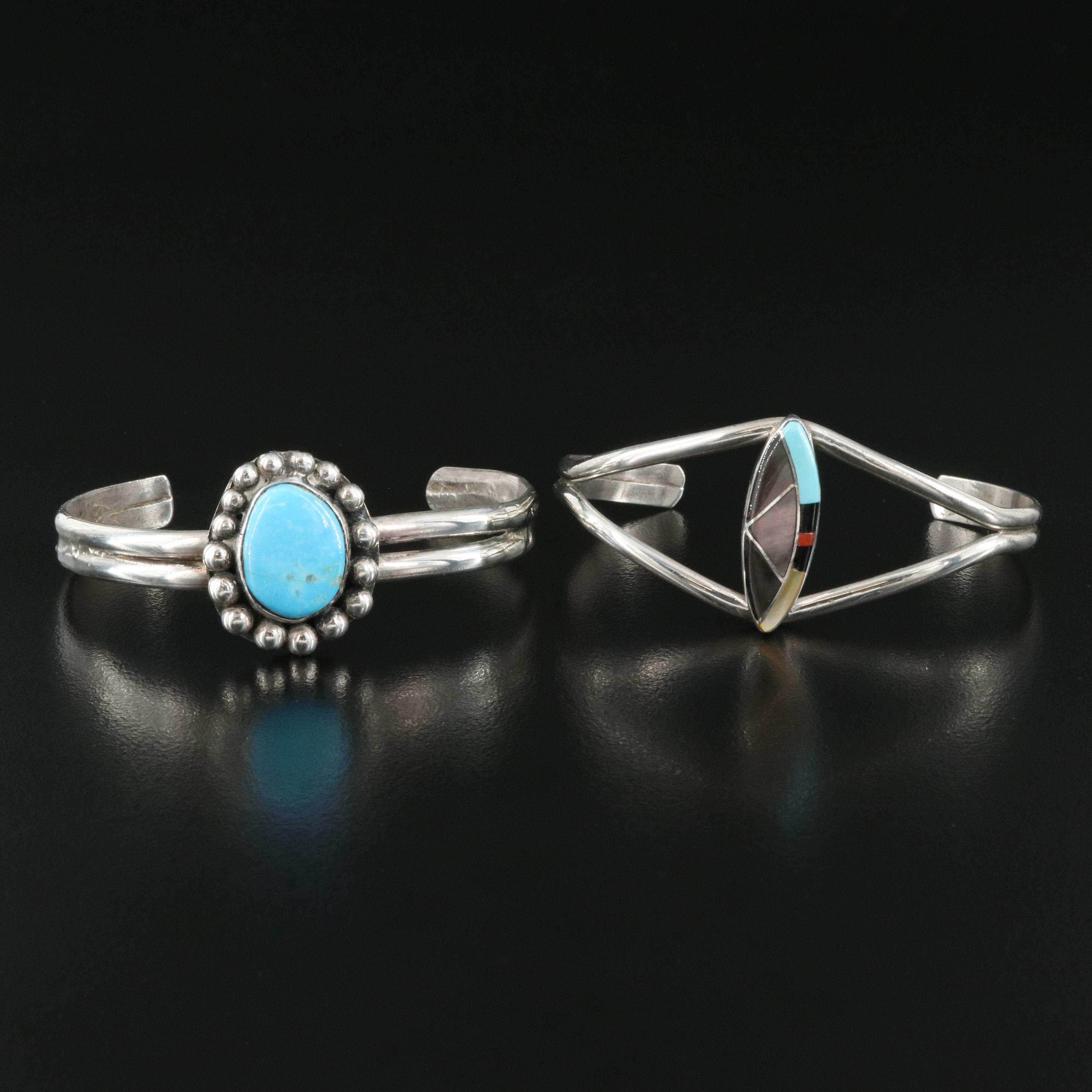 Sterling Cuffs Including Turquoise, Mother-of-Pearl and Coral