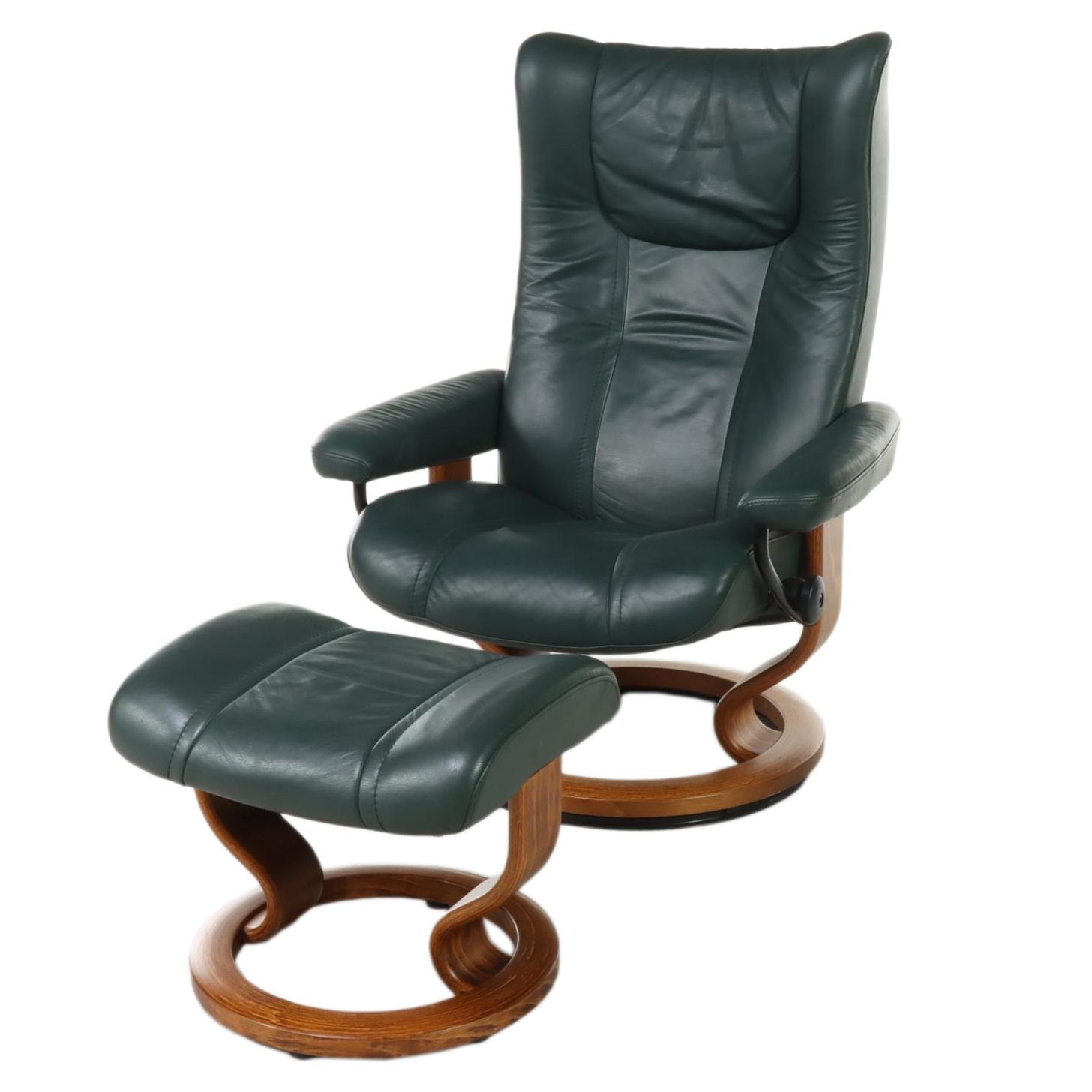 Ekornes "Stressless" Green Leather Upholstered Armchair and Ottoman