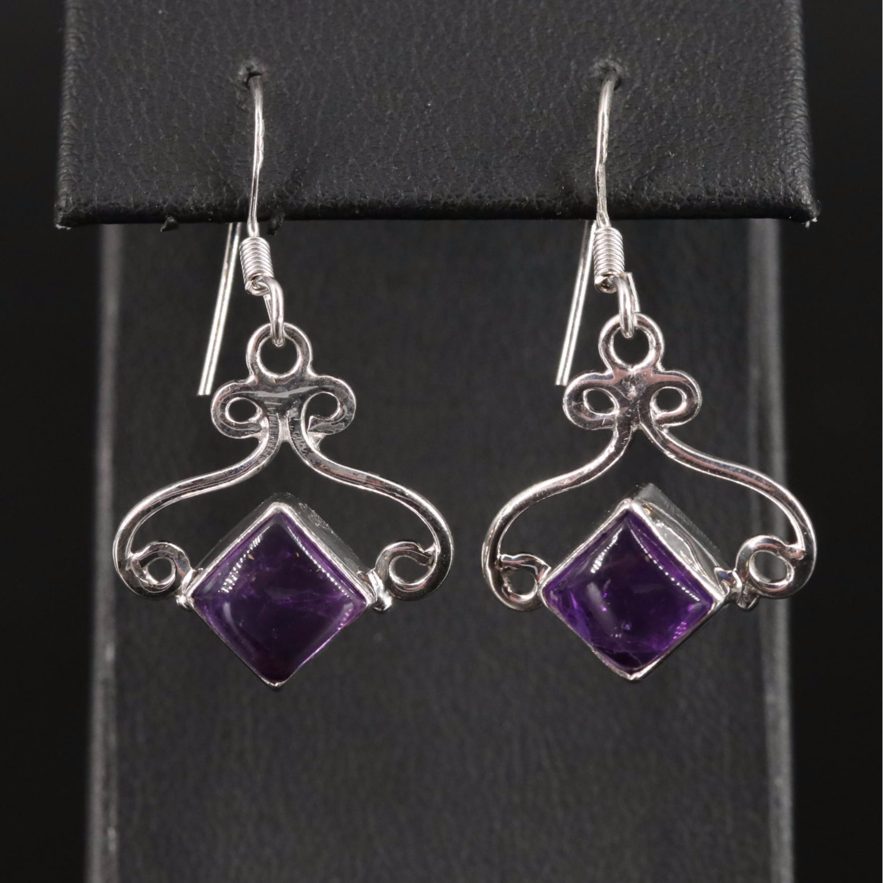 Sterling Amethyst Scroll Accented Drop Earrings