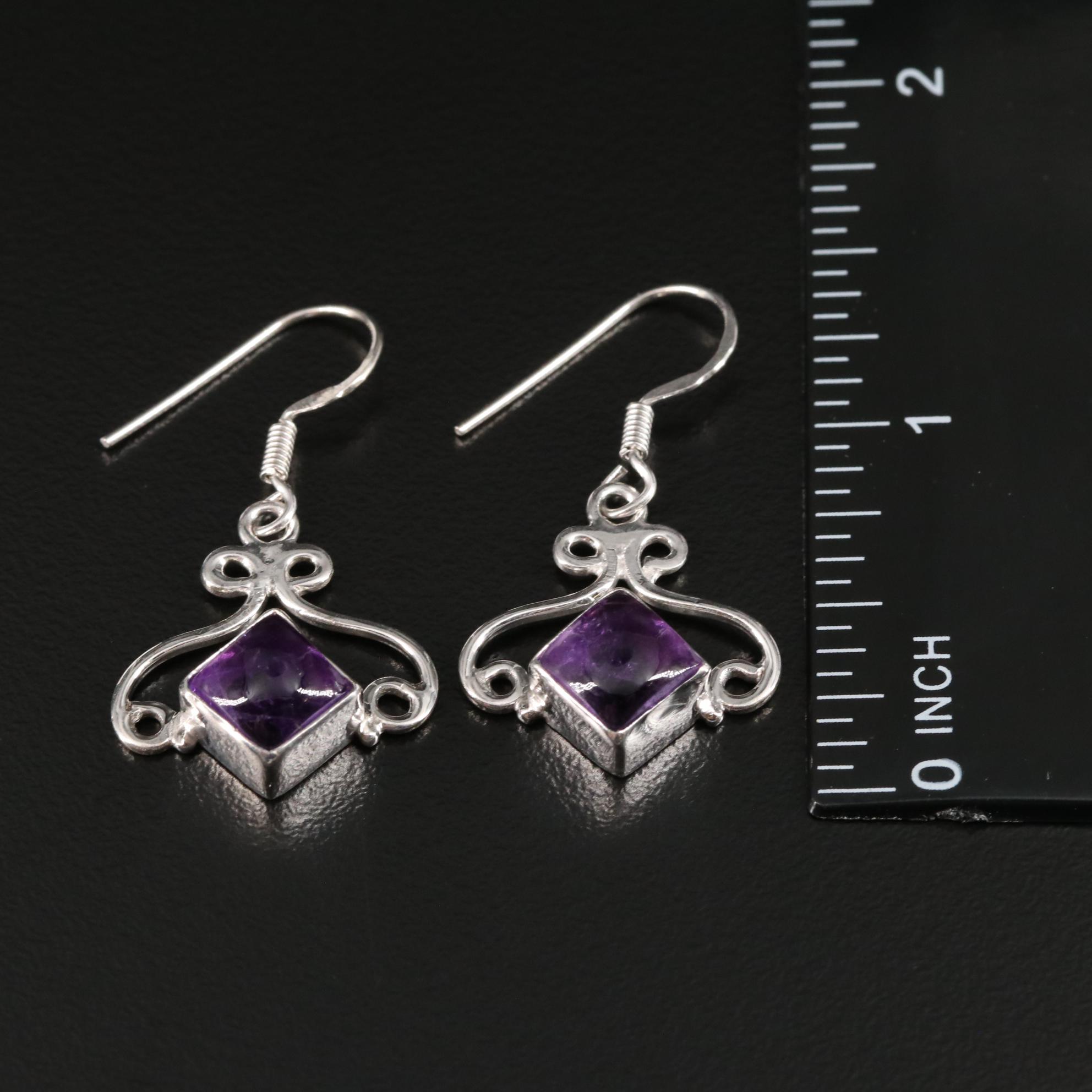 Sterling Amethyst Scroll Accented Drop Earrings