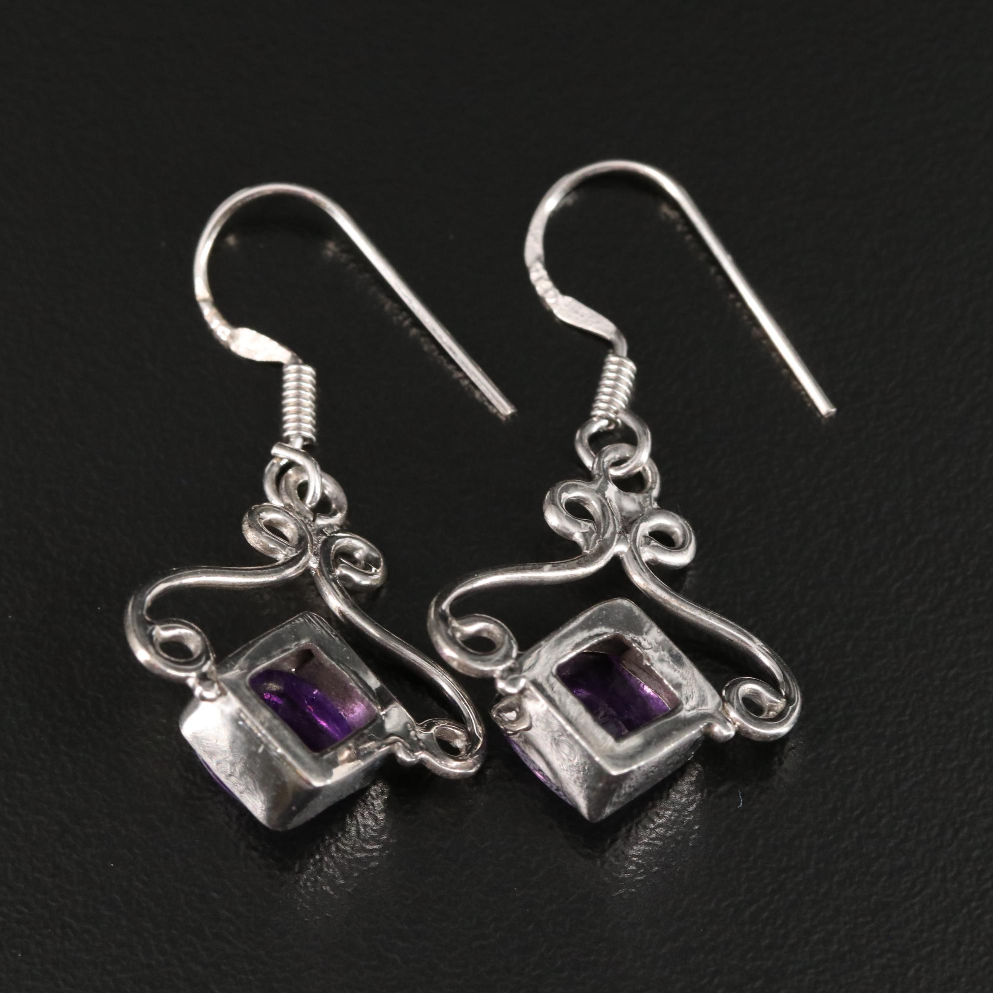 Sterling Amethyst Scroll Accented Drop Earrings