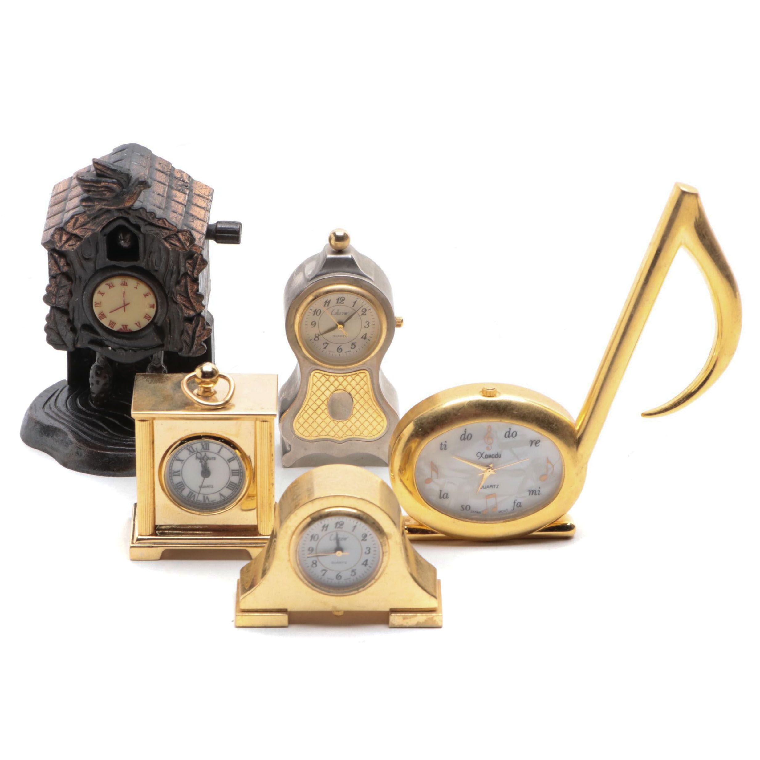 Miniature Brass Quartz Clocks and Cuckoo Clock Figurine