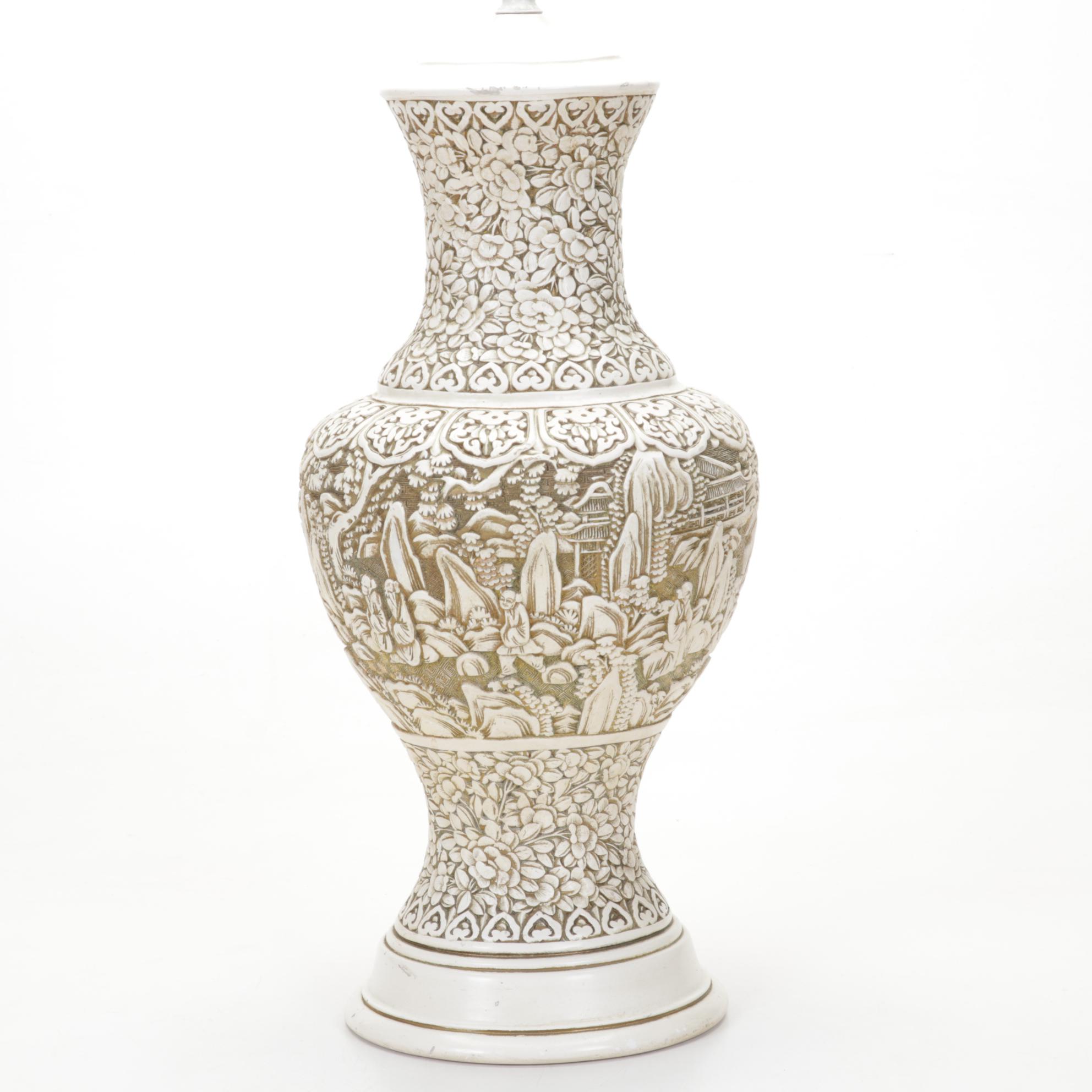 Chinese Ivory Colored Carved Chalkware Table Lamp, Mid to Late 20th C