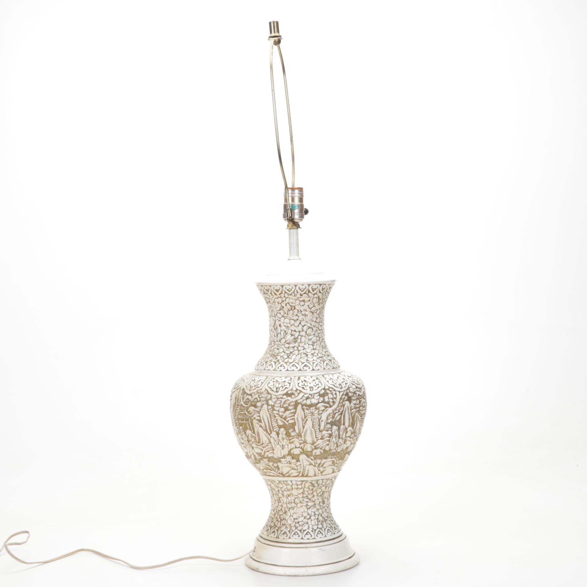 Chinese Ivory Colored Carved Chalkware Table Lamp, Mid to Late 20th C