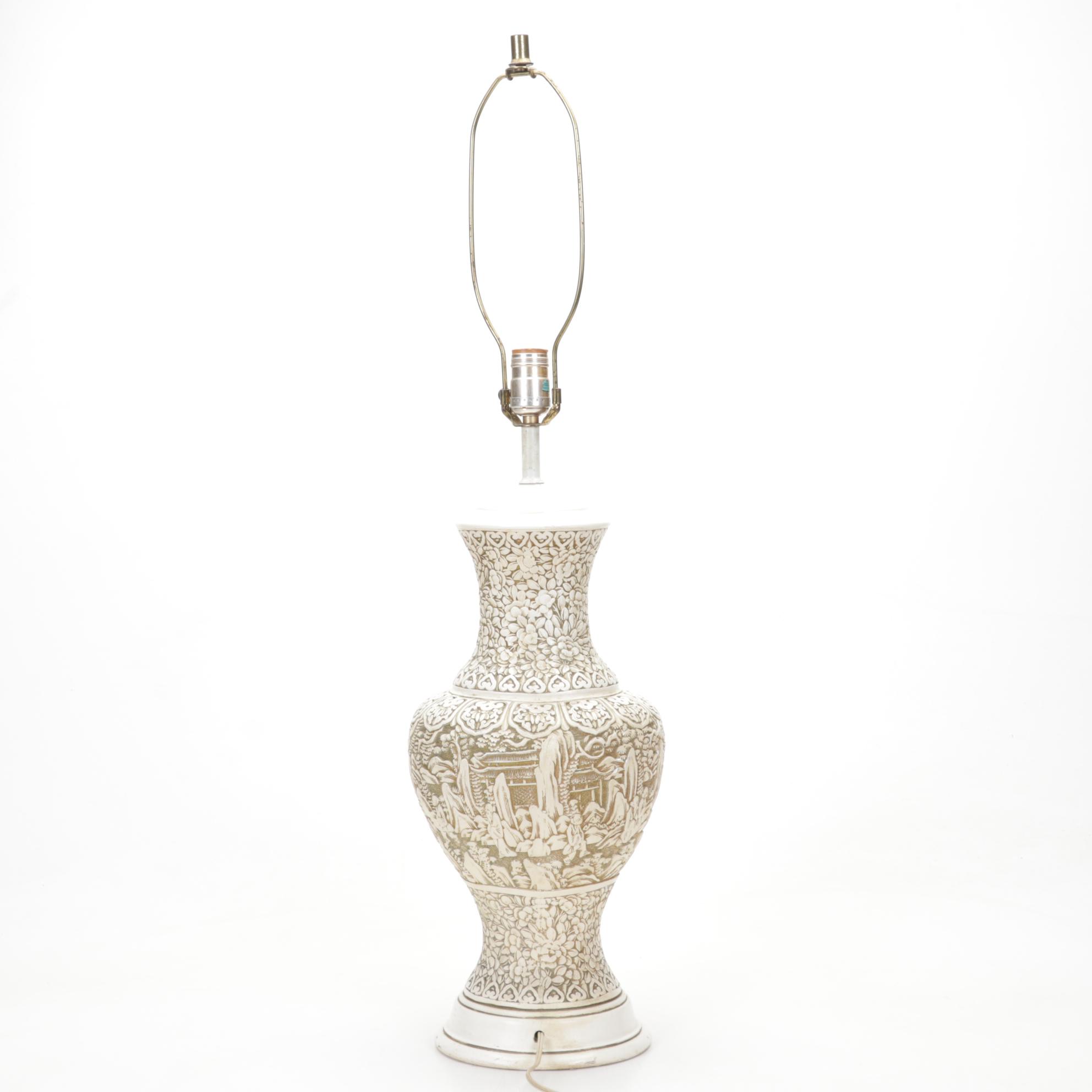 Chinese Ivory Colored Carved Chalkware Table Lamp, Mid to Late 20th C