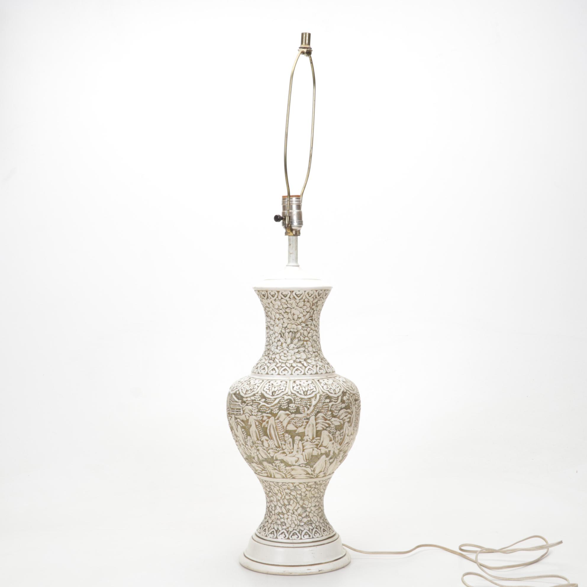 Chinese Ivory Colored Carved Chalkware Table Lamp, Mid to Late 20th C