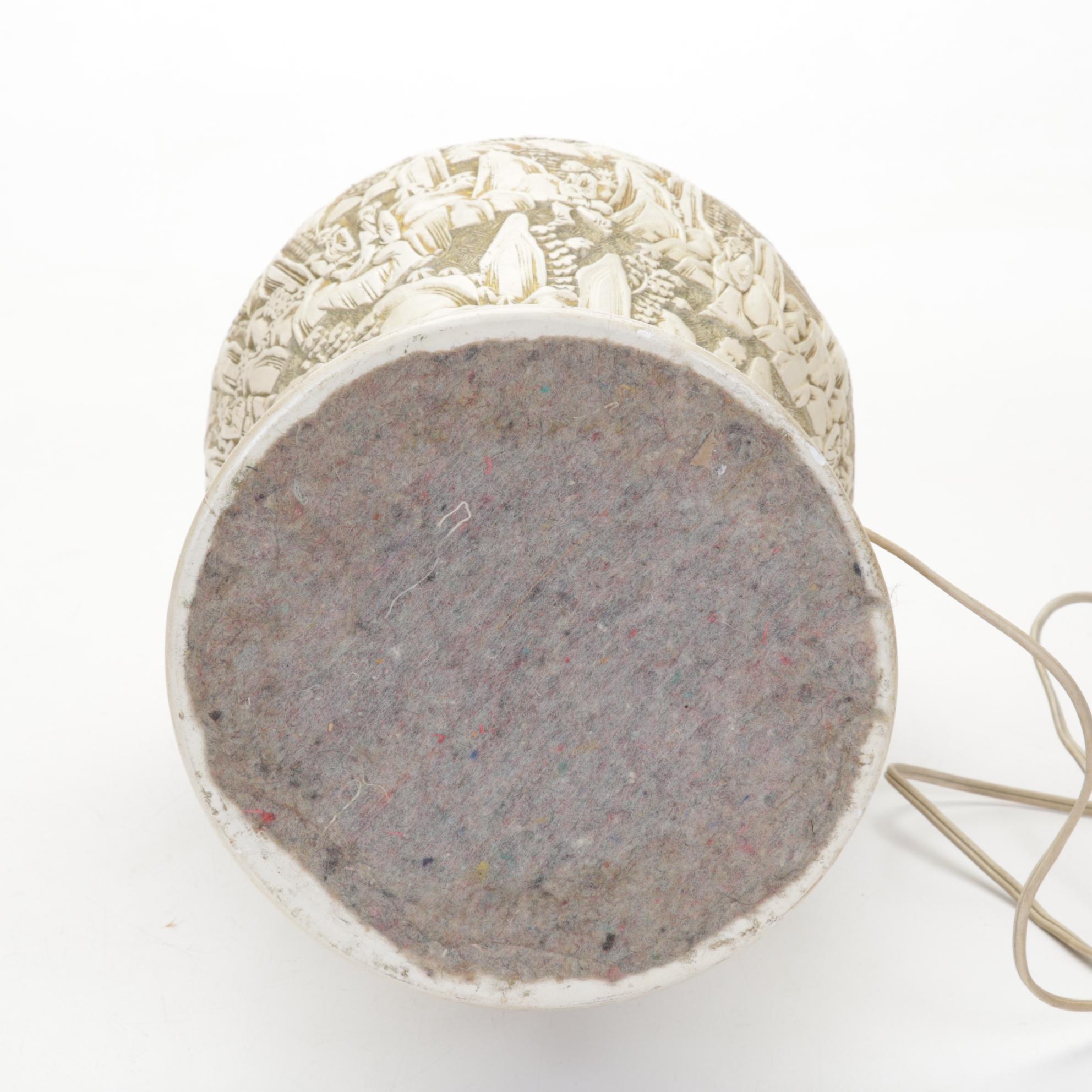 Chinese Ivory Colored Carved Chalkware Table Lamp, Mid to Late 20th C