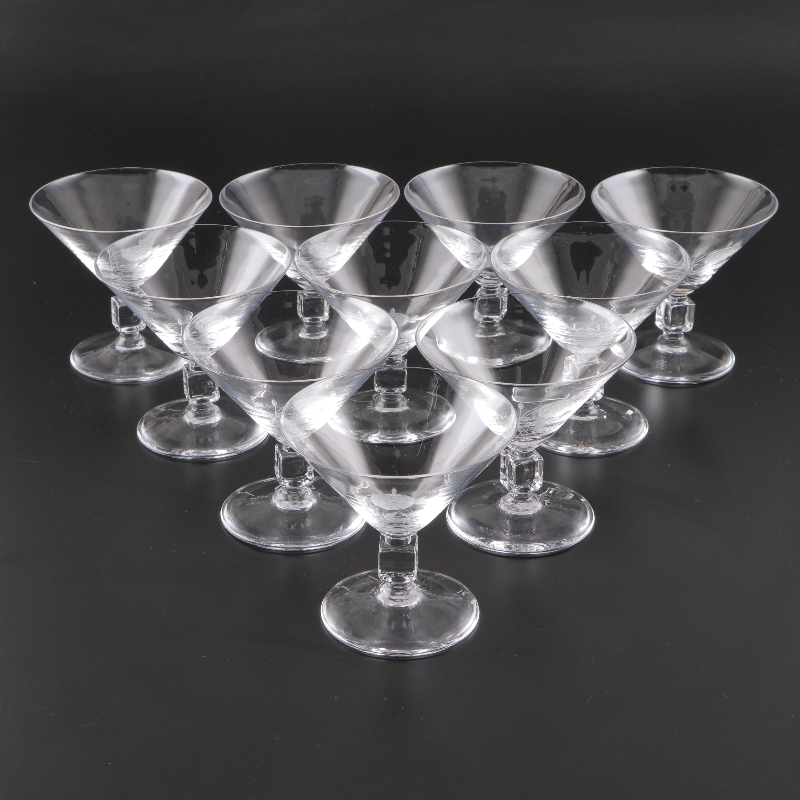 Etched Glass Cube Stem Coupes, Mid-20th Century