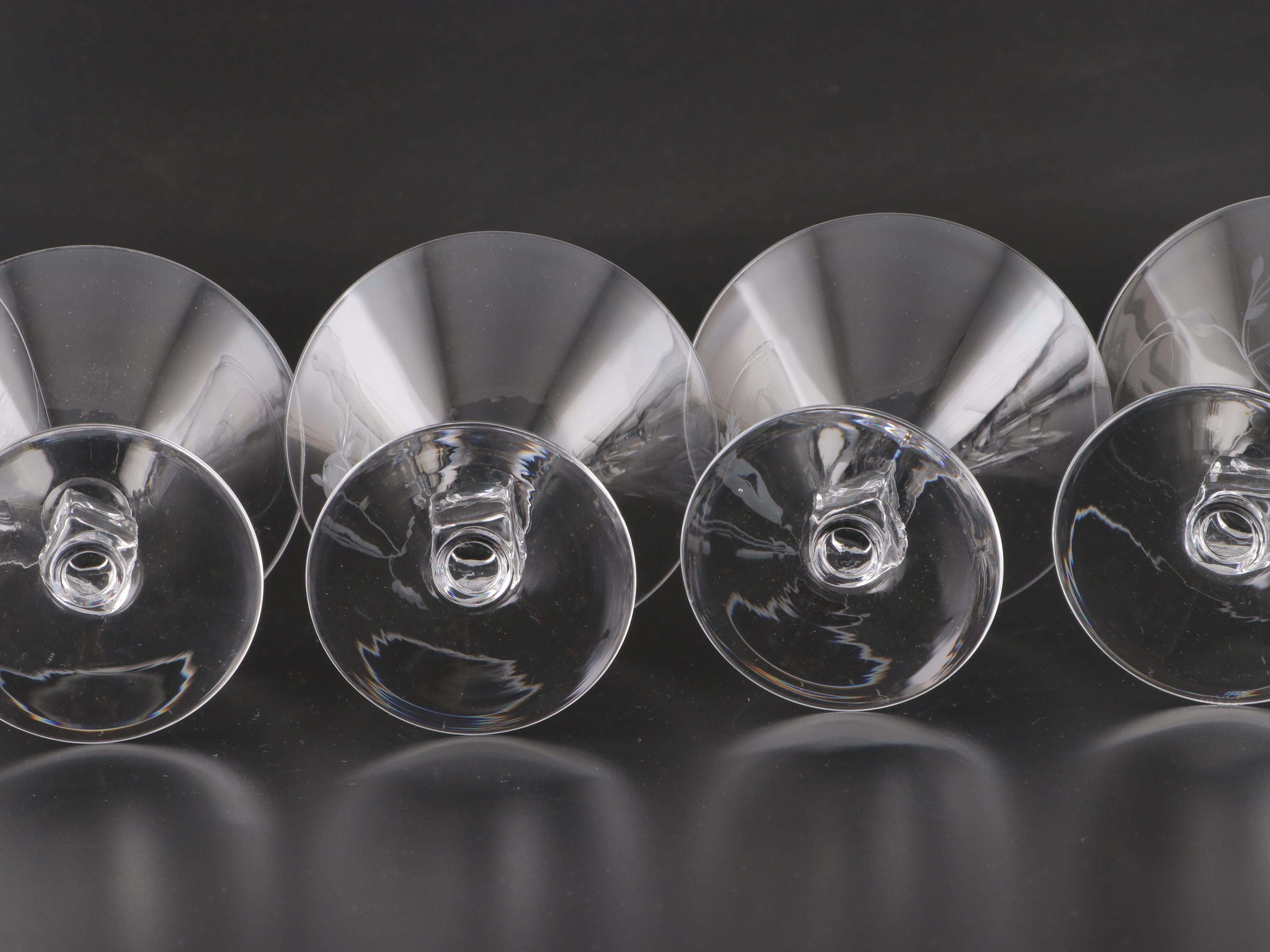 Etched Glass Cube Stem Coupes, Mid-20th Century