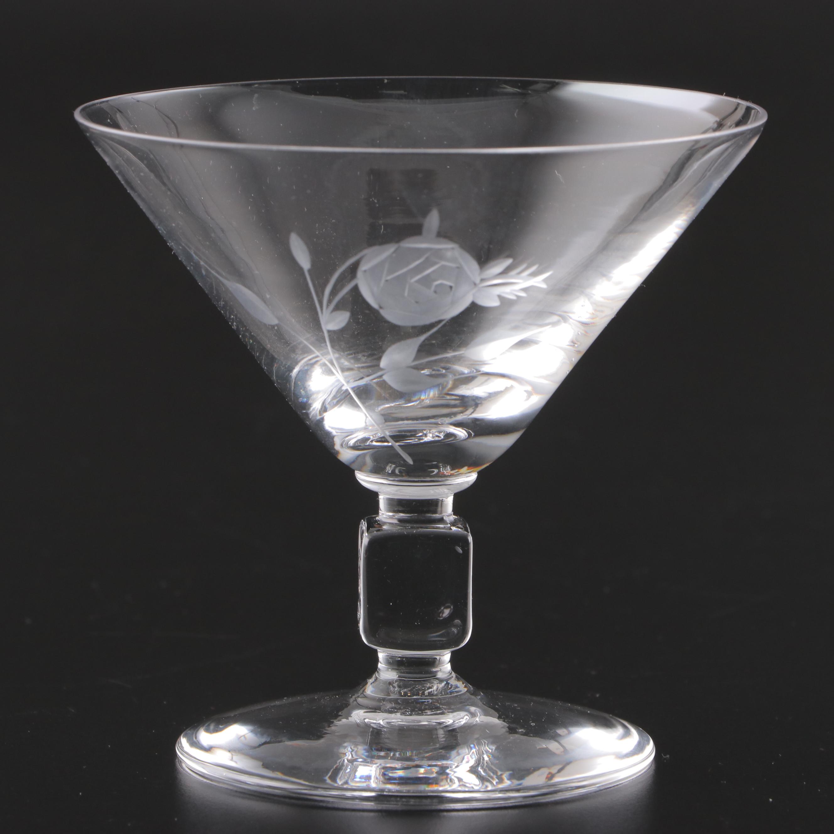 Etched Glass Cube Stem Coupes, Mid-20th Century