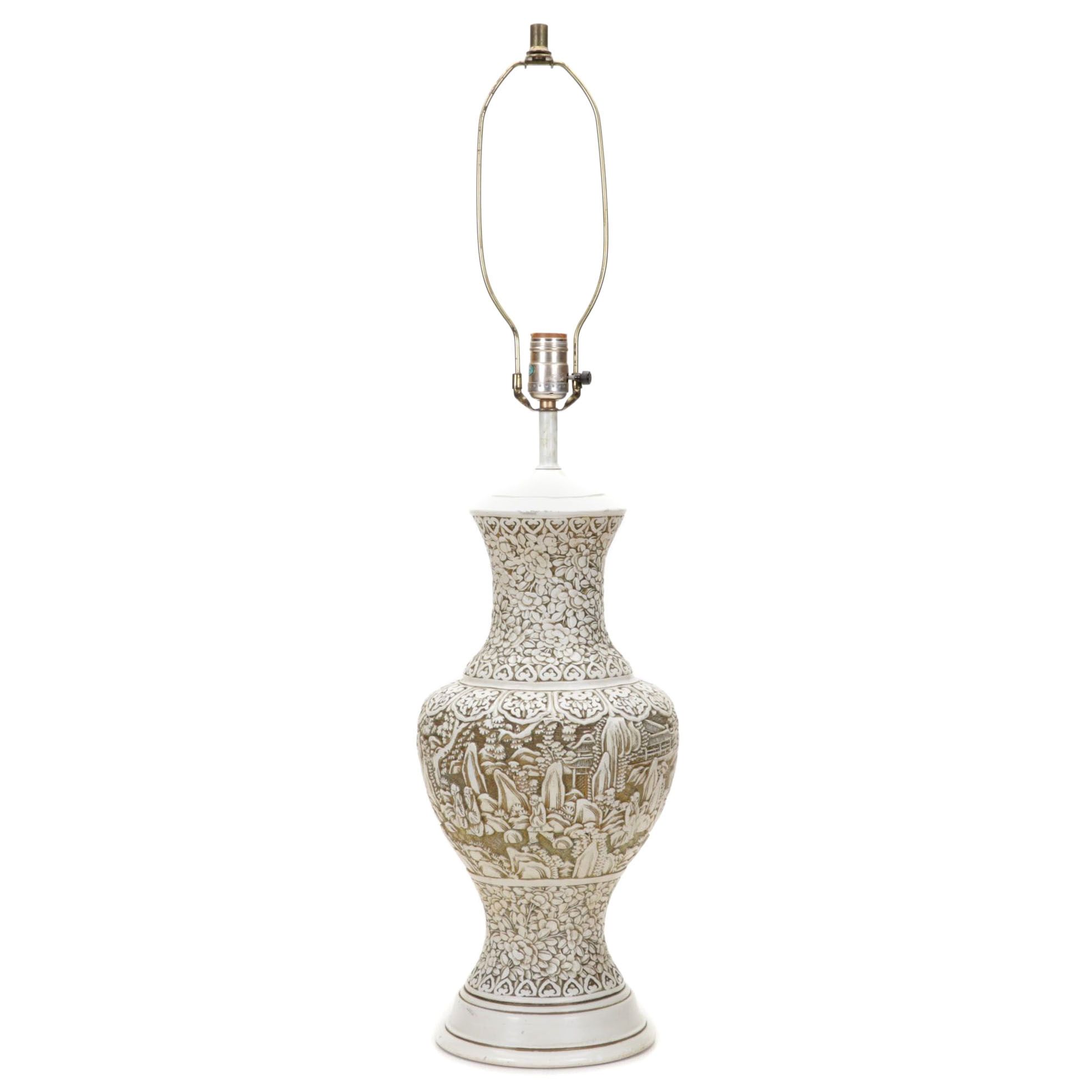 Chinese Ivory Colored Carved Chalkware Table Lamp, Mid to Late 20th C