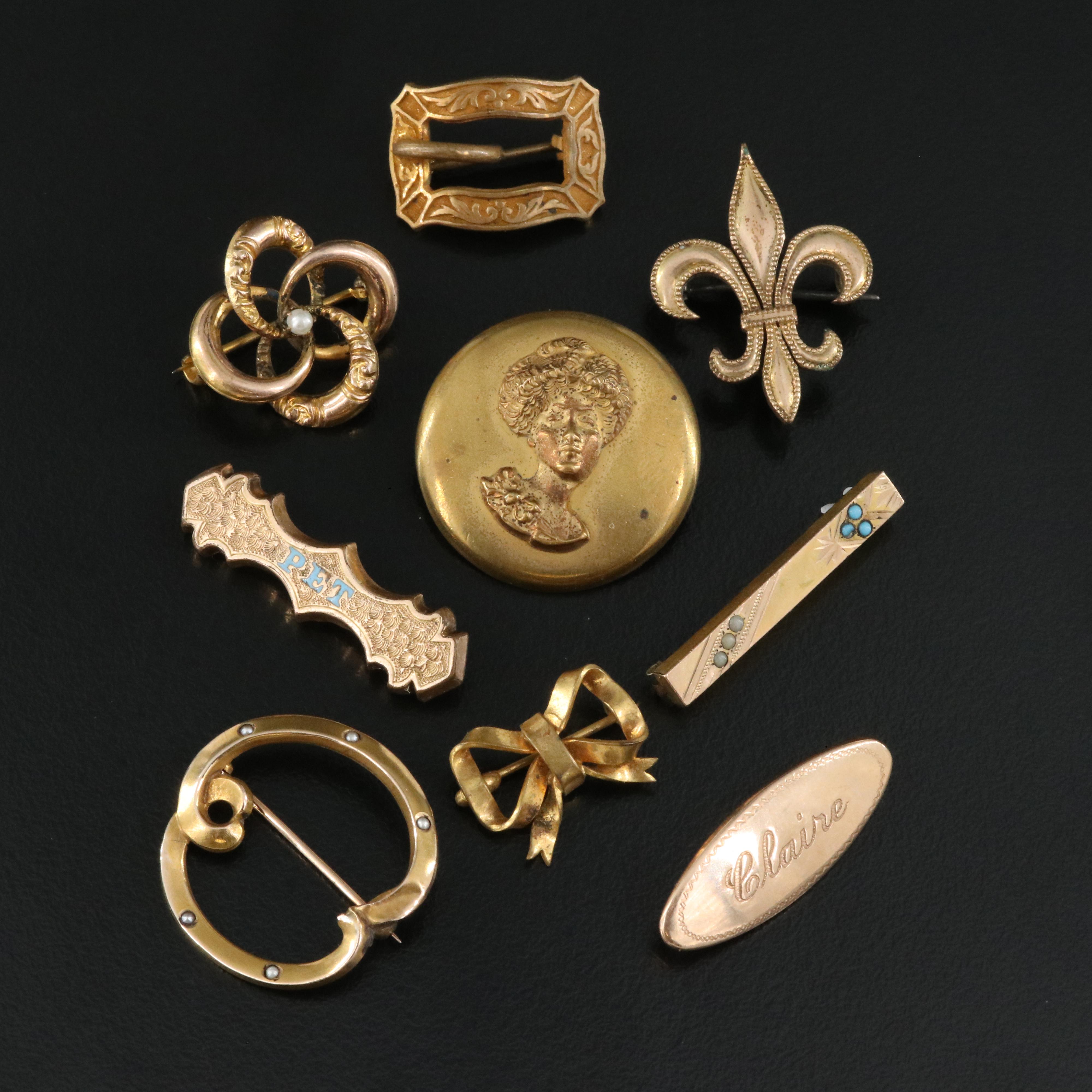 Victorian Pins Including 10K Wreath with Scatter, Lingerie and Gibson Girl