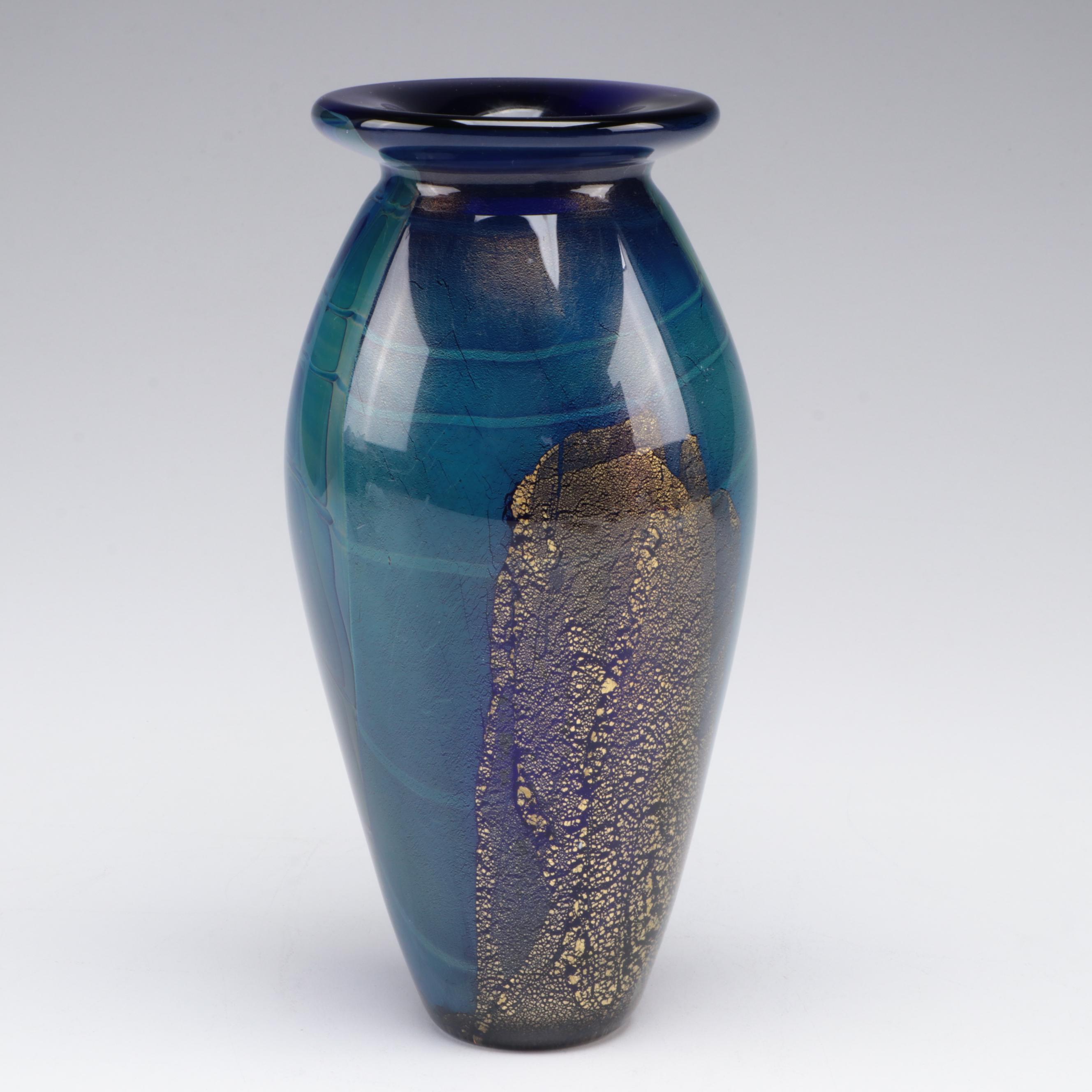 Robert Eickholt Blue and Gold Art Glass Vase