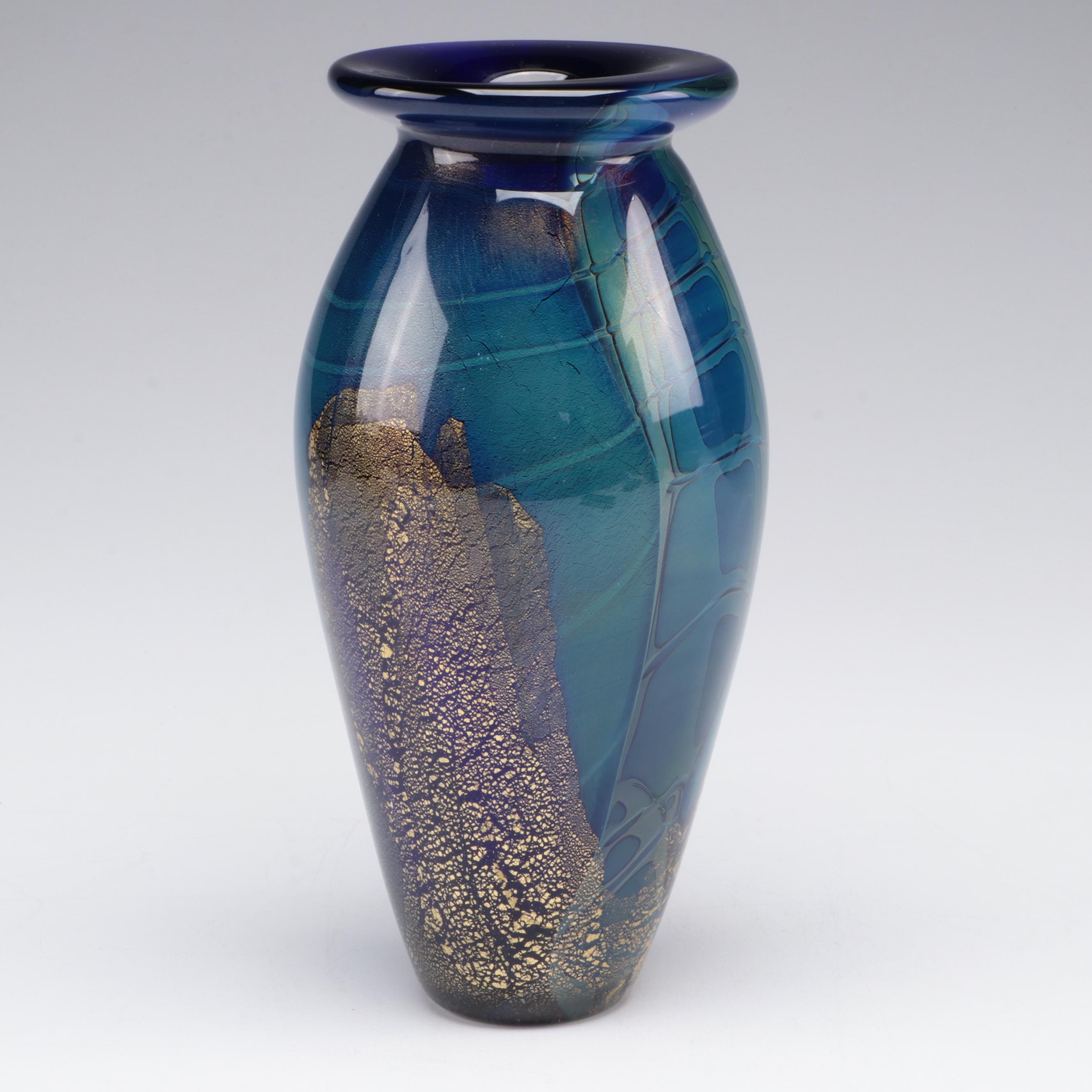 Robert Eickholt Blue and Gold Art Glass Vase