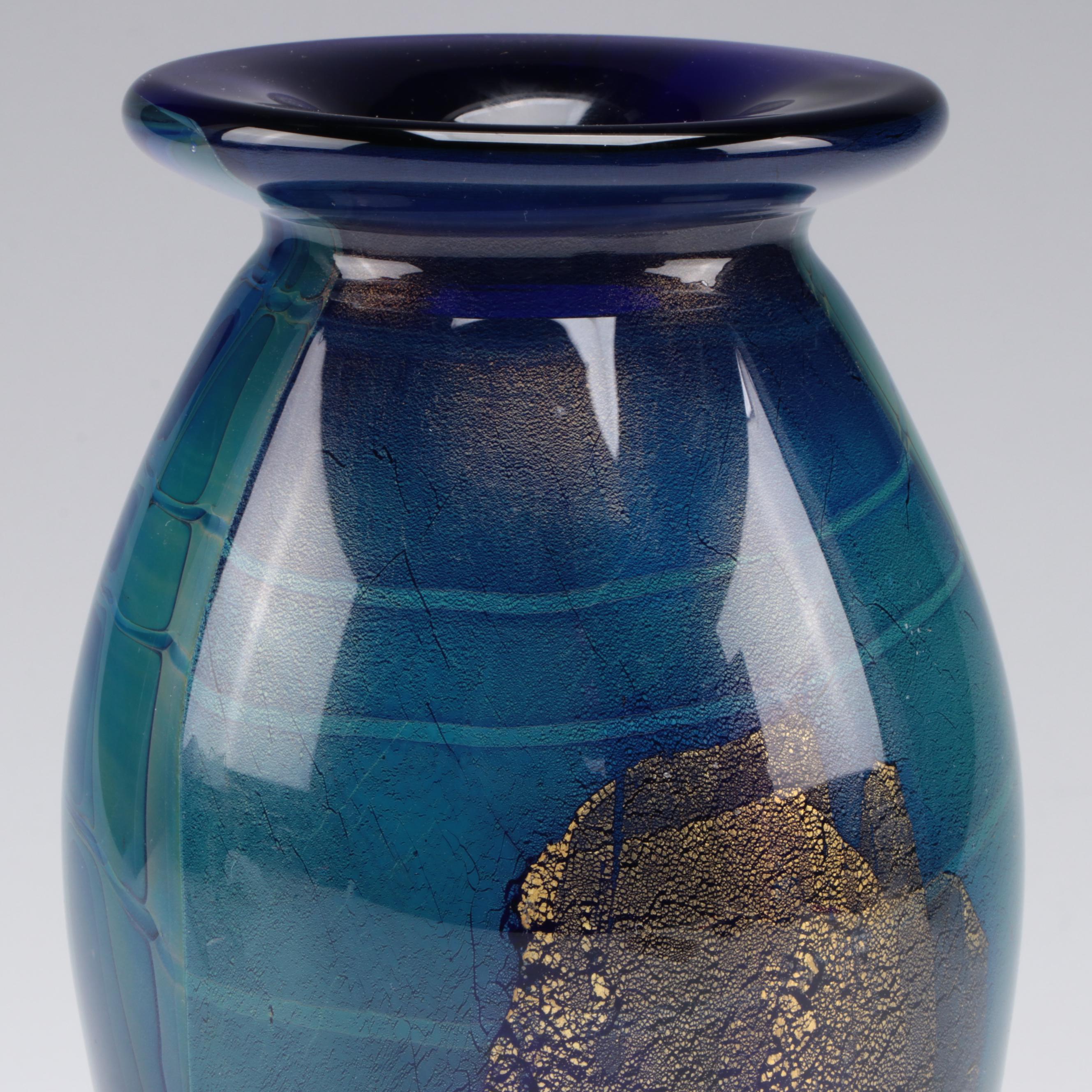 Robert Eickholt Blue and Gold Art Glass Vase