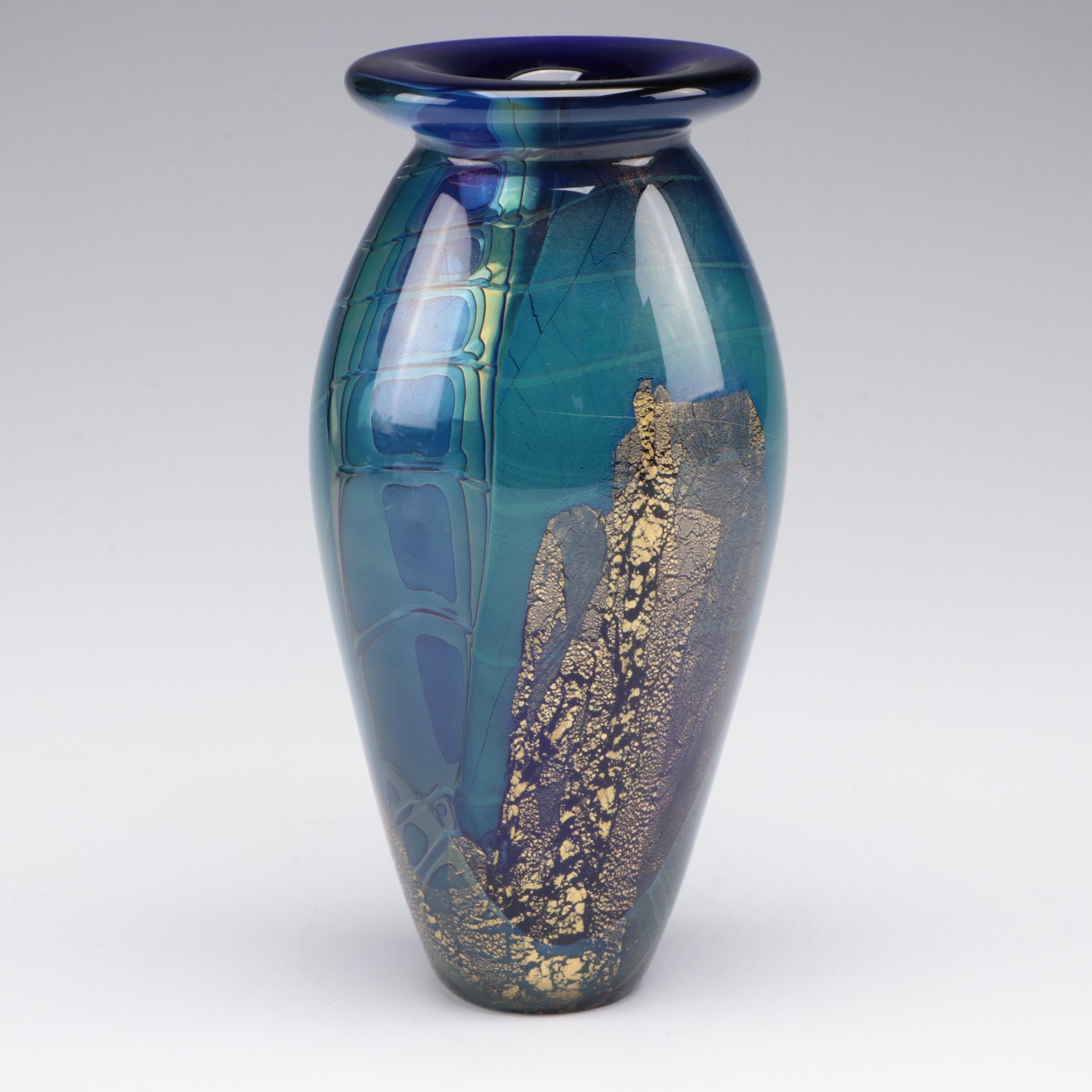 Robert Eickholt Blue and Gold Art Glass Vase